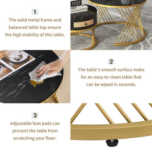 Set of 2 Round Nesting Coffee Tables with Gold Legs & Storage - image 6