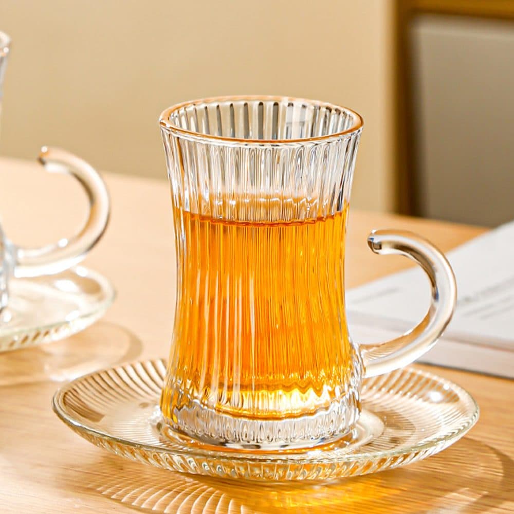 Set of 6 Ribbed Glass Tea Cups with Handles and Saucers - image 1