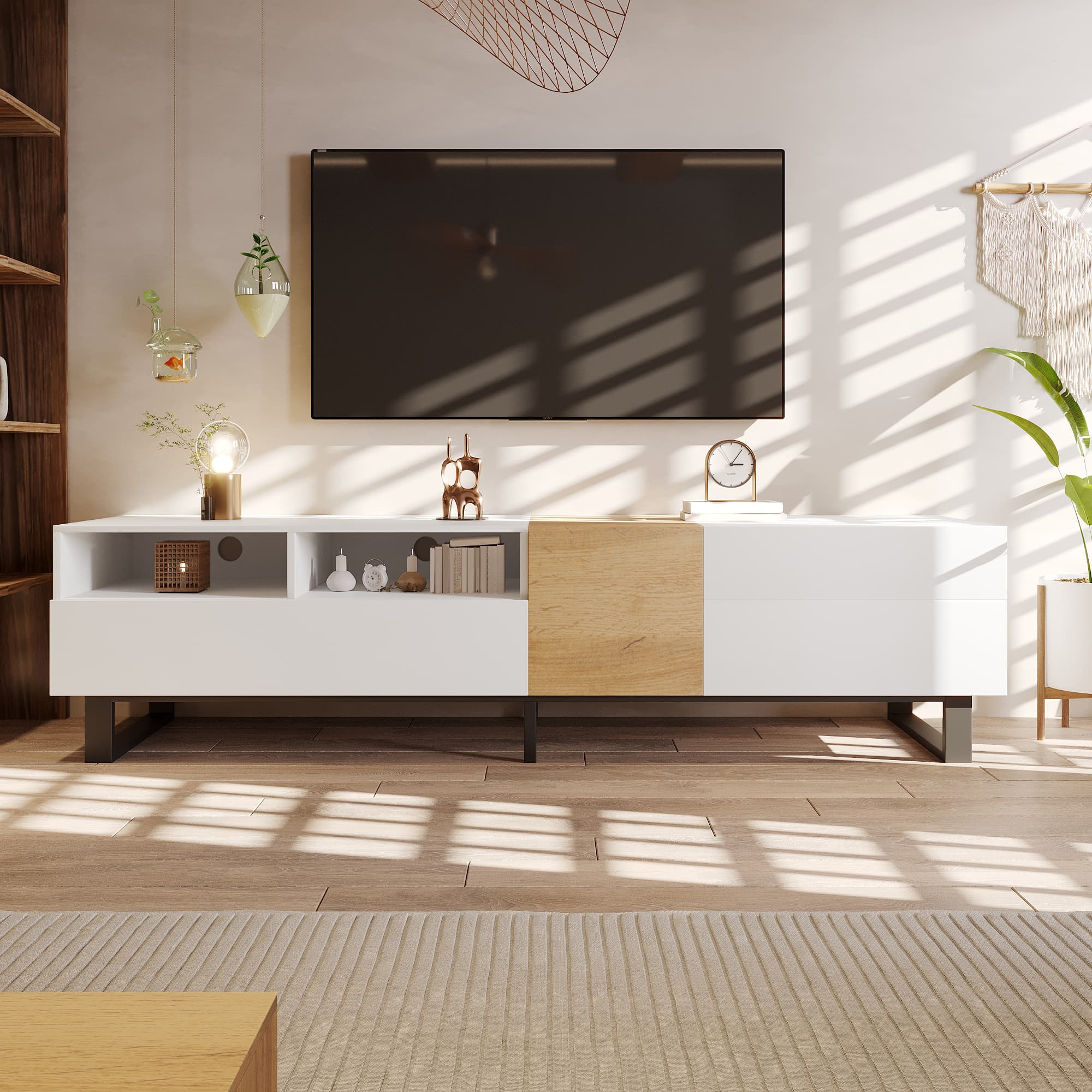Modern TV Stand, White and Wood Effect Finish, 180cm