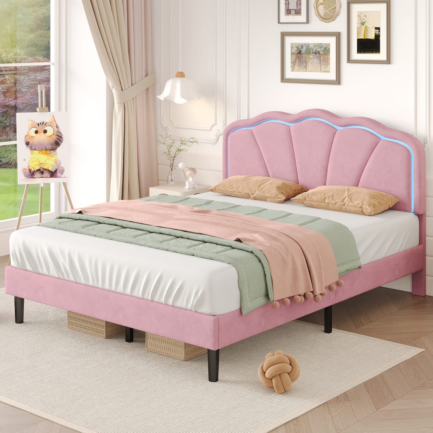 Pink Velvet LED Double Bed - image 3
