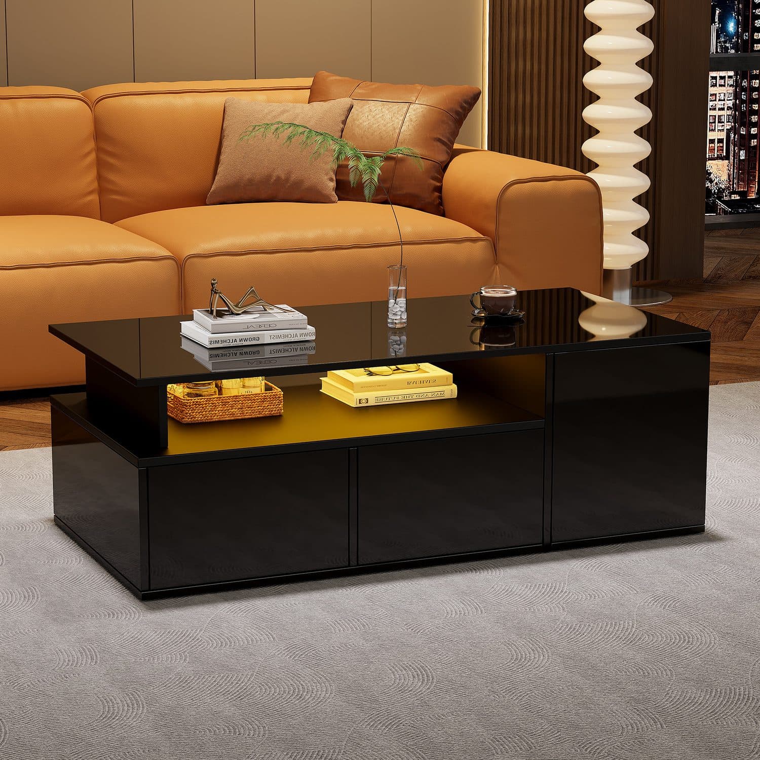 A glossy black coffee table with LED-lit storage - image 6
