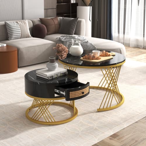 Set of 2 Round Nesting Coffee Tables with Gold Legs & Storage - image 7