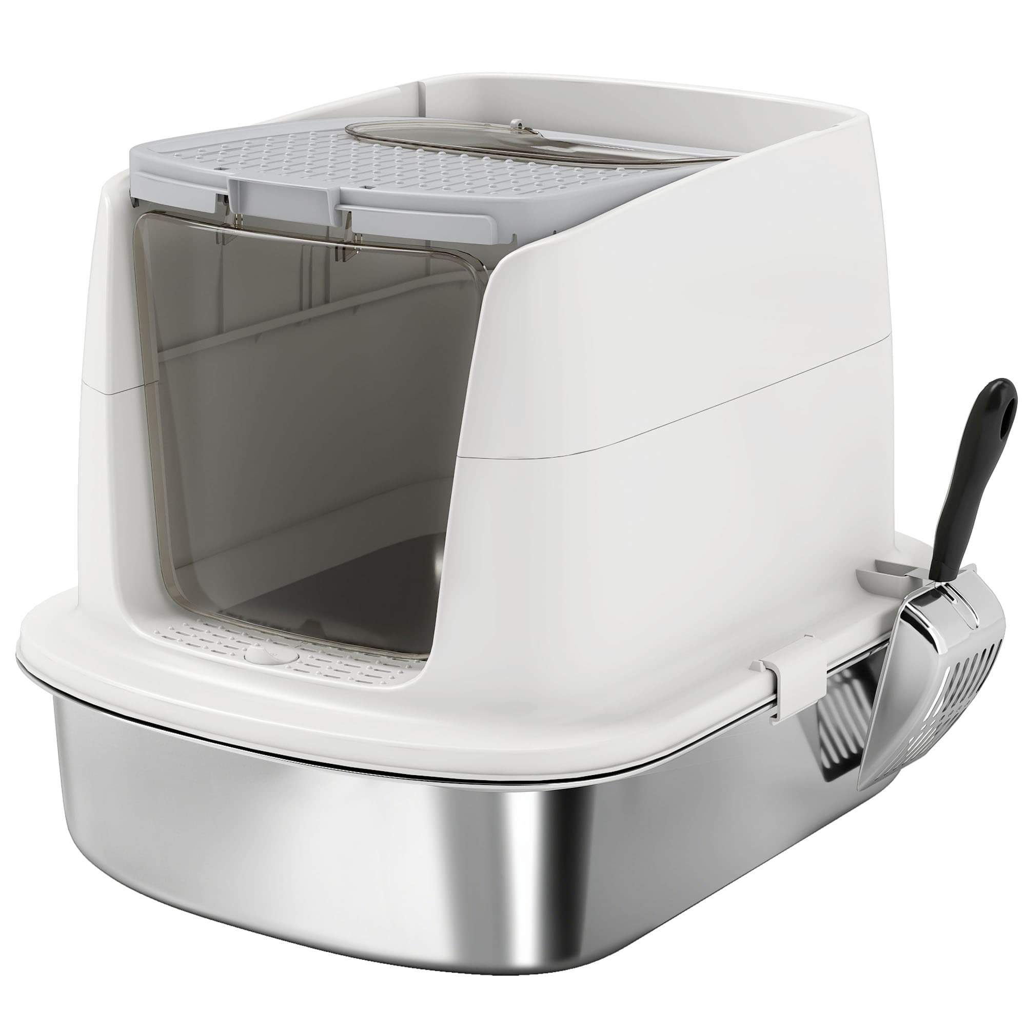 PawHut Stainless Steel Litter Box, Front-Entry & Top-Exit