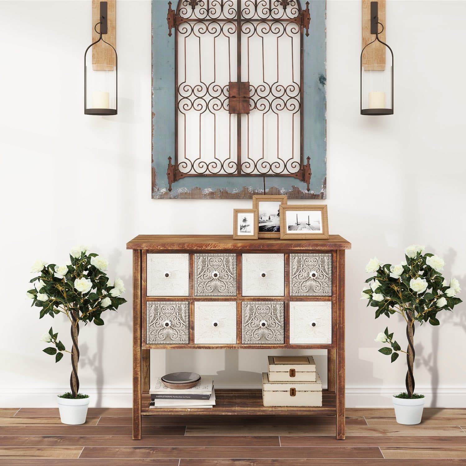 Set of Two White Faux Rose Trees - image 1