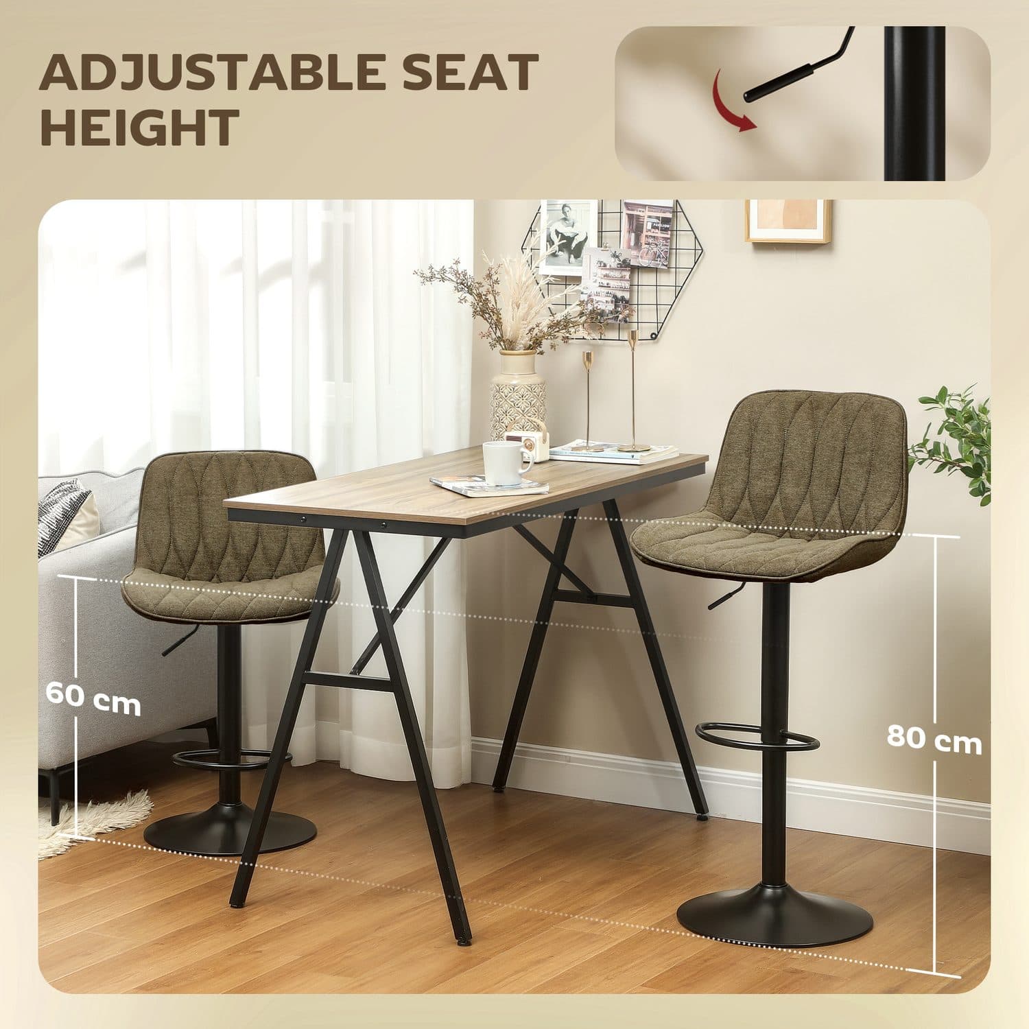 Brown Linen-Look Adjustable Bar Stools - Set of Two - image 1