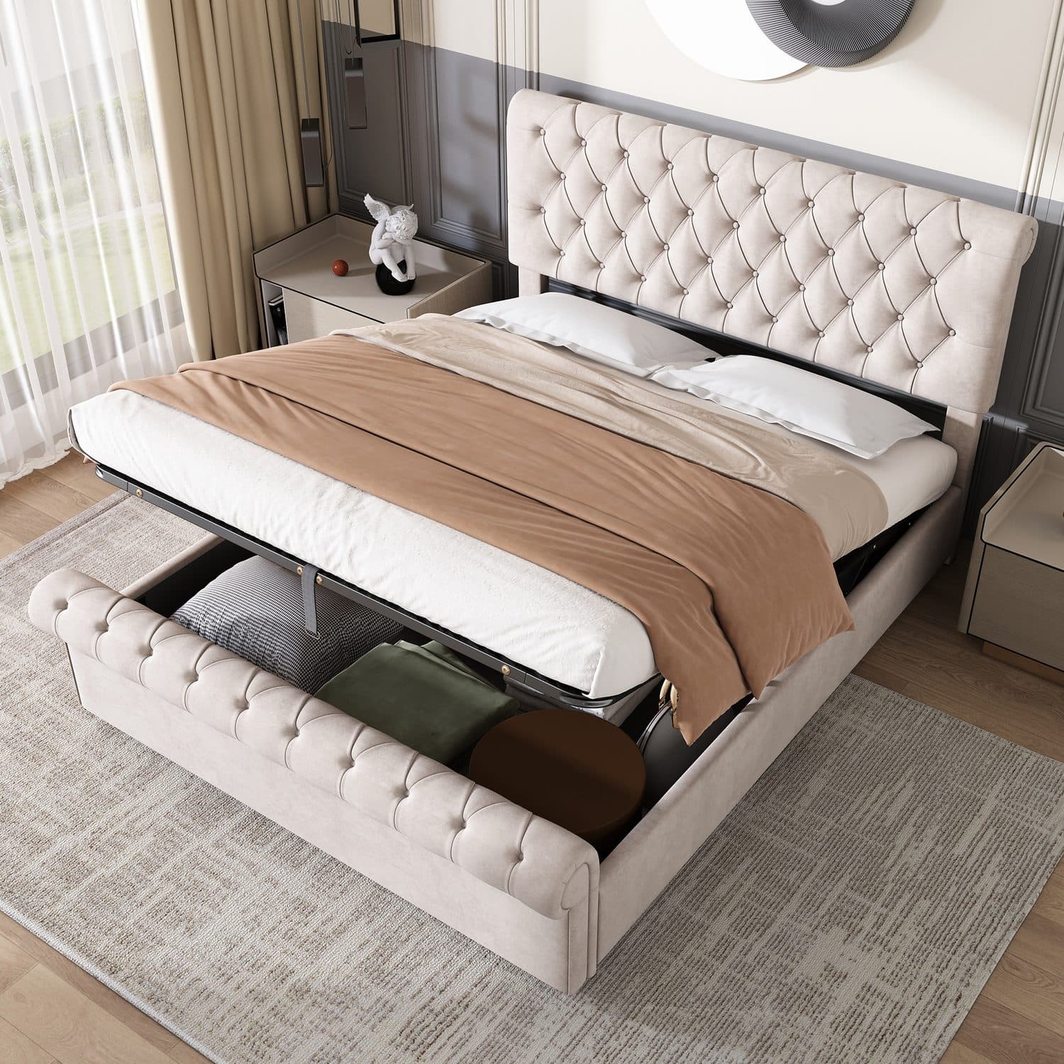 Beige Velvet Sleigh Bed with Hidden Storage - image 1