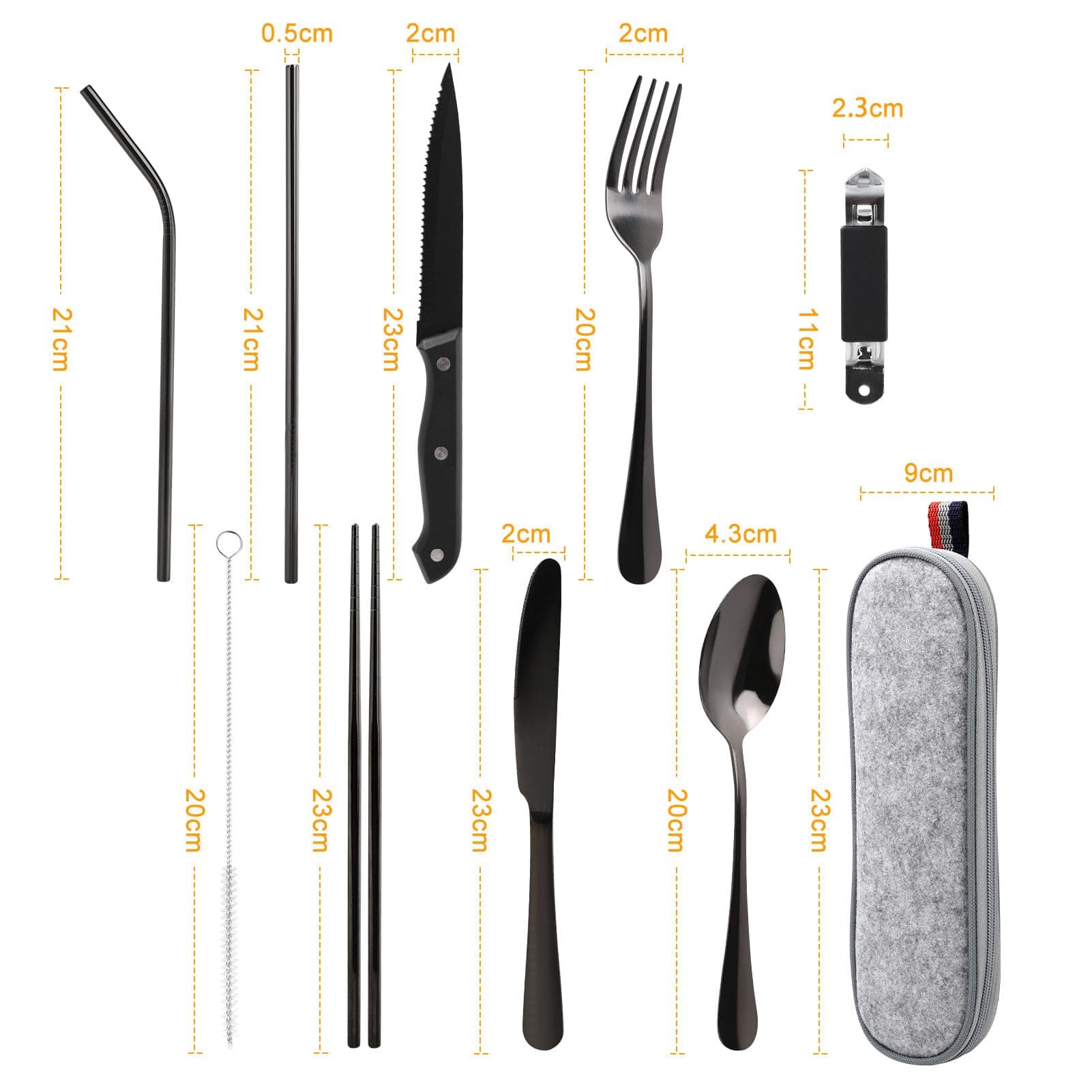 9-Piece Camping Cutlery Set in Black Stainless Steel with Felt Case - image 2