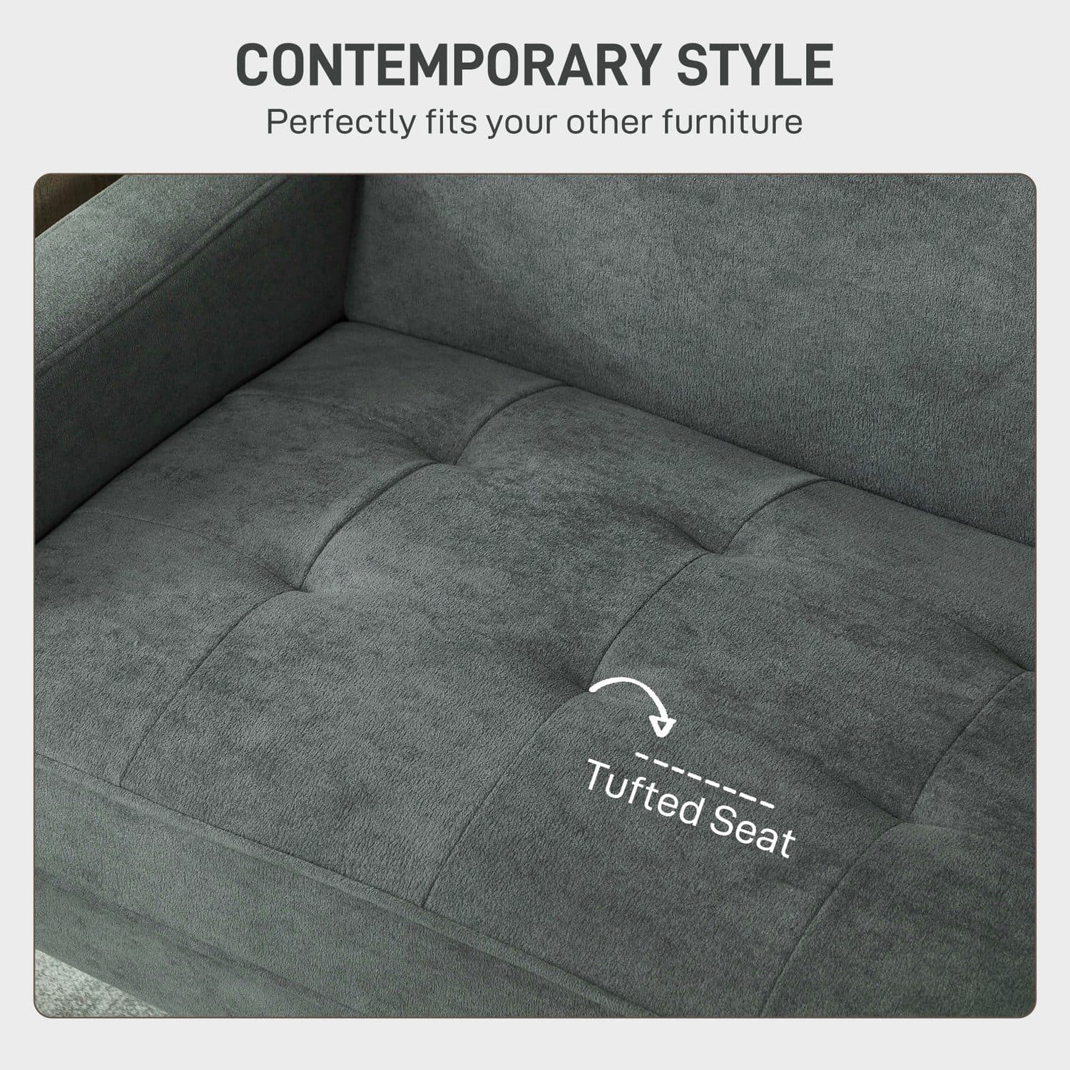 Two-Seater Grey Velvet-Feel Sofa with Tufted Seat and Wood Legs - image 2