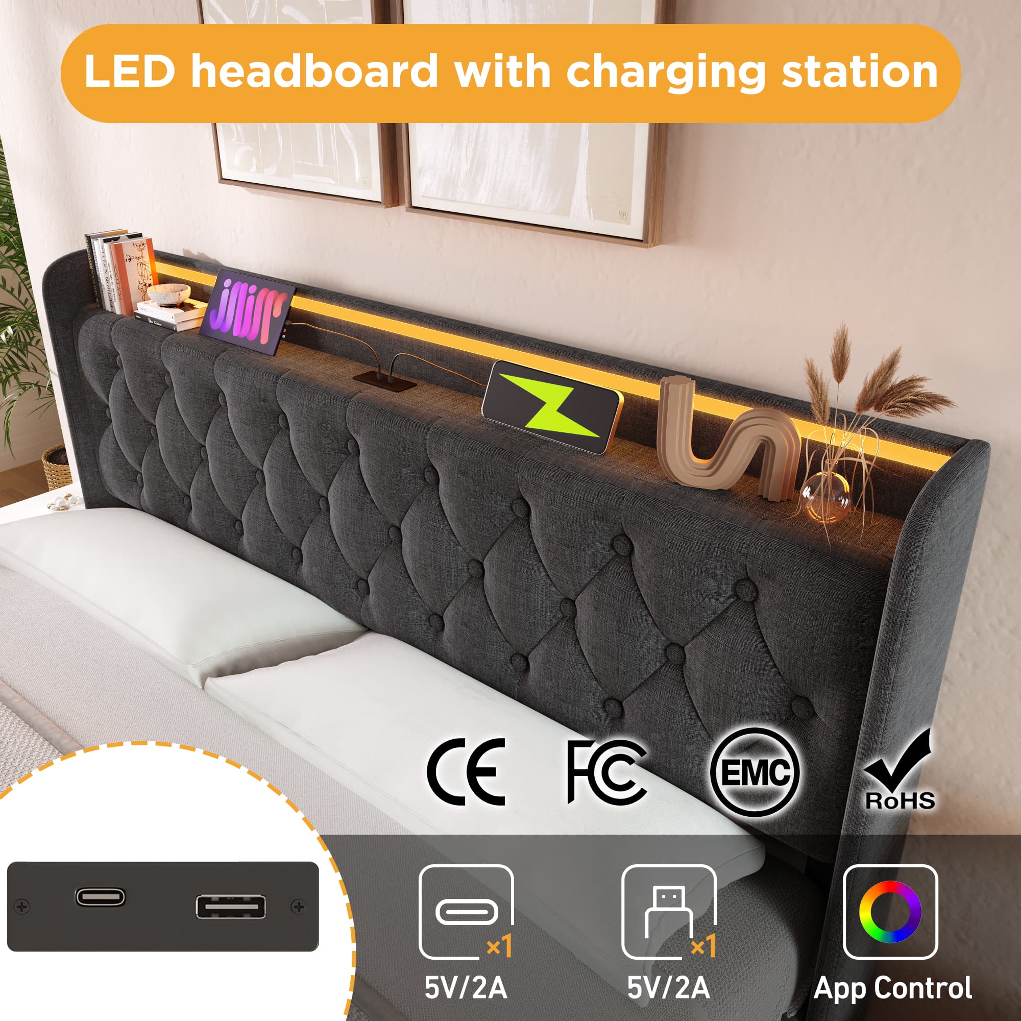 Upholstered Double Ottoman Bed with 360° LED Lights & Under-Bed Storage - image 5