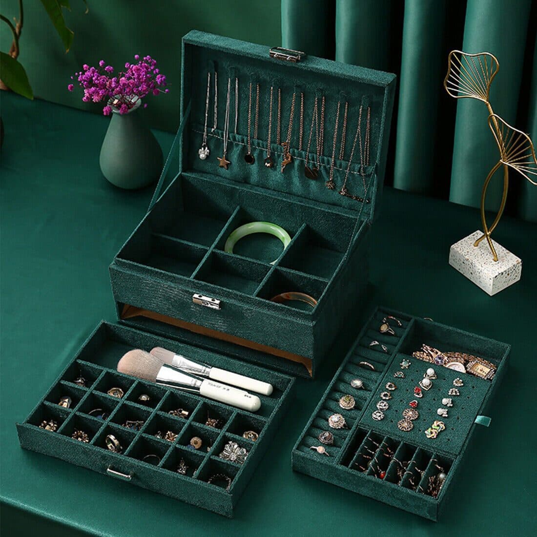 Large Green Velvet Jewellery Box With Necklace Hooks