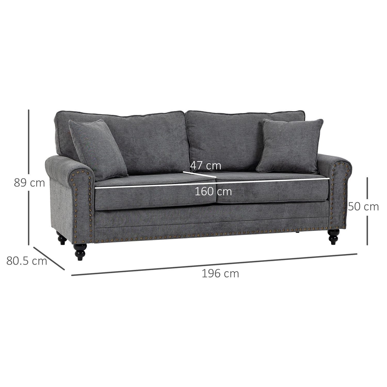 Grey 3 Seater Fabric Sofa with Nailhead Trim - image 3