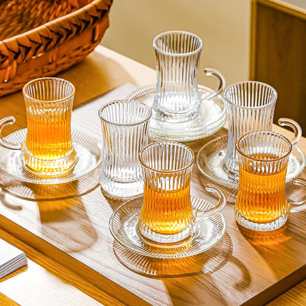 Set of 6 Ribbed Glass Tea Cups with Handles and Saucers - image 3