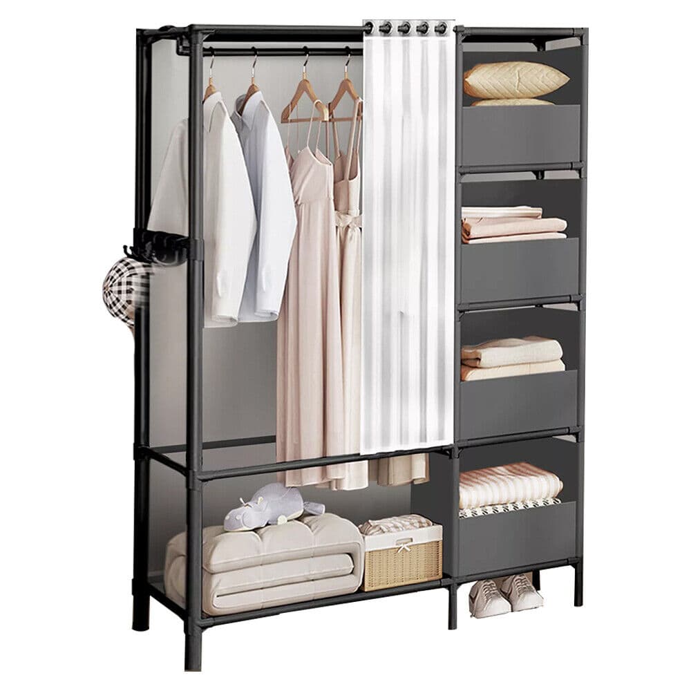 Freestanding Metal Wardrobe with Fabric Shelves and Curtain Rail - image 2