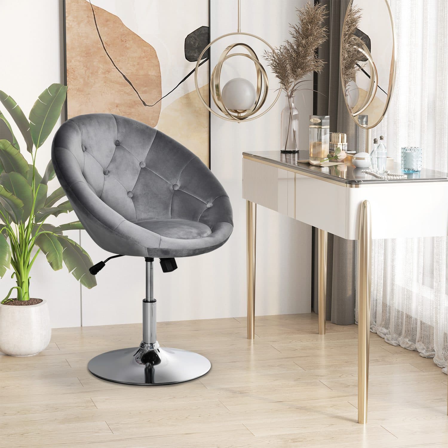 Grey Velvet Swivel Vanity Stool - image 4