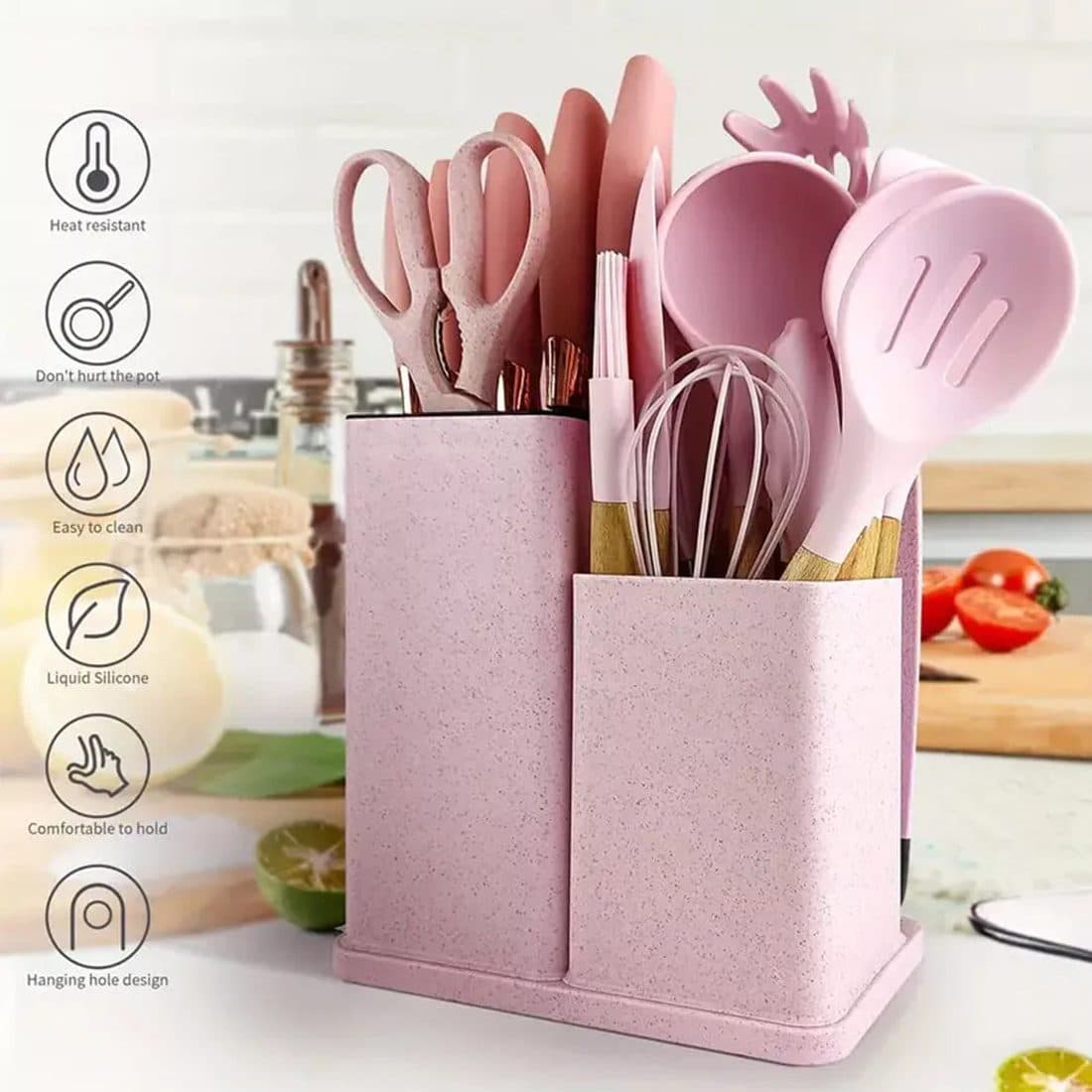 19-Piece Pink Silicone Kitchen Utensil Set with Storage Holder - Default