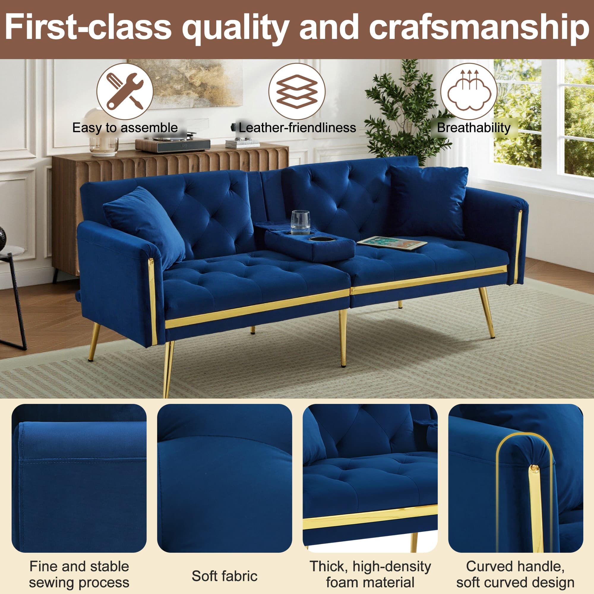 Navy Velvet Sofa Bed That Converts to a Flat Sleeping Surface - image 5