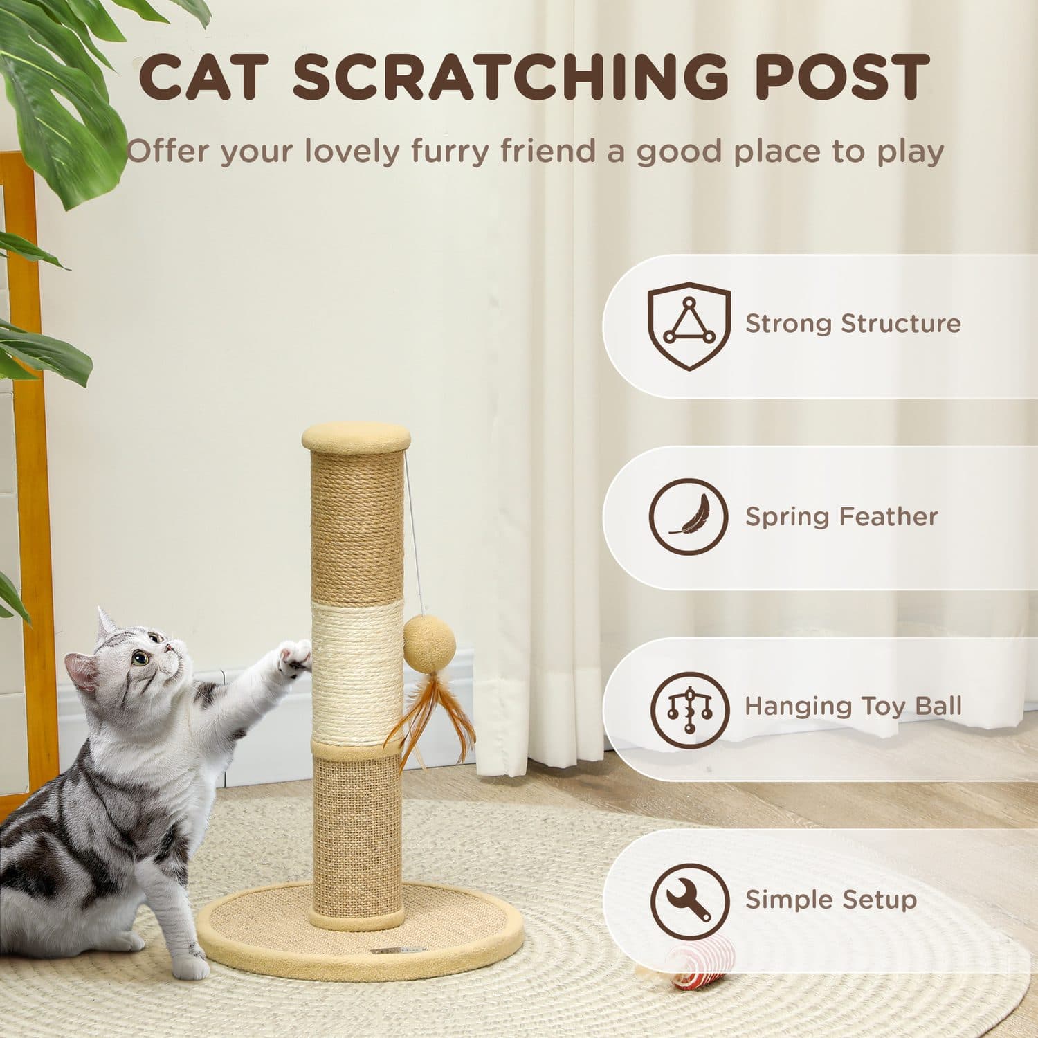 PawHut Cat Scratching Post with Hanging Toy - image 3