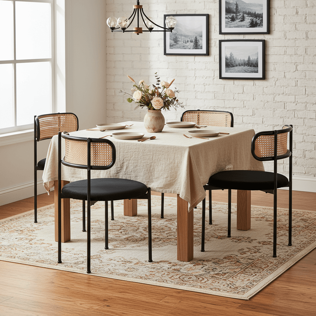 Set of 4 Black Velvet Dining Chairs with Rattan Backrest