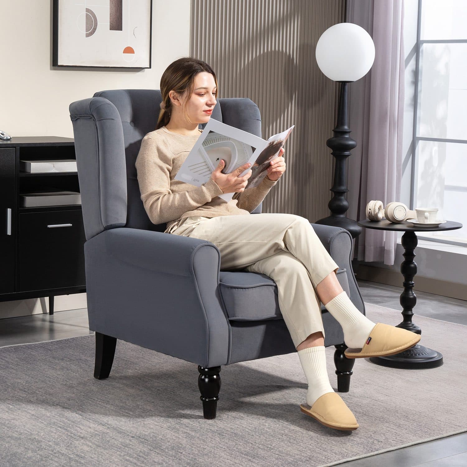 Timeless Comfort: Grey Velvet Wingback Accent Chair - image 4