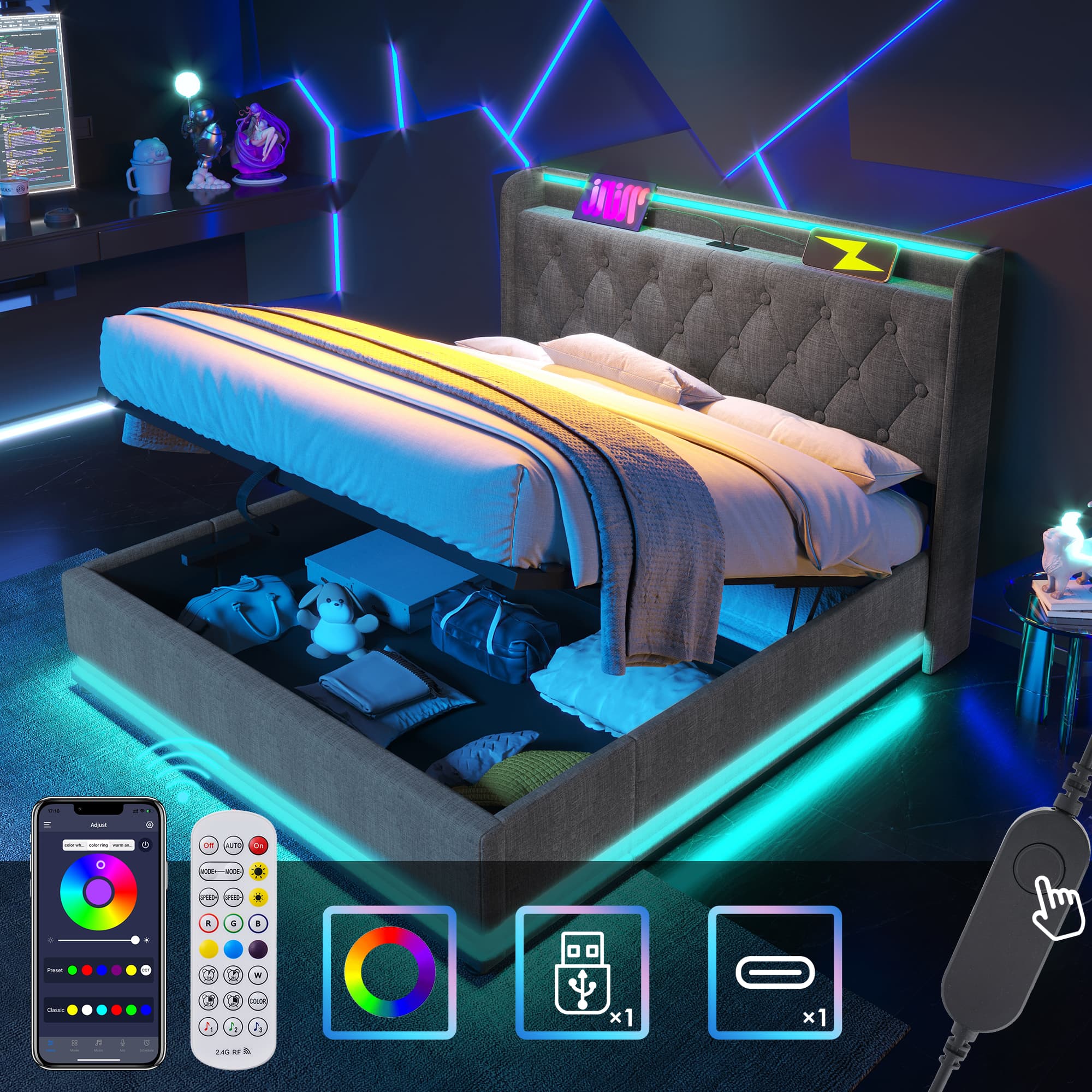Upholstered Double Ottoman Bed with 360° LED Lights & Under-Bed Storage