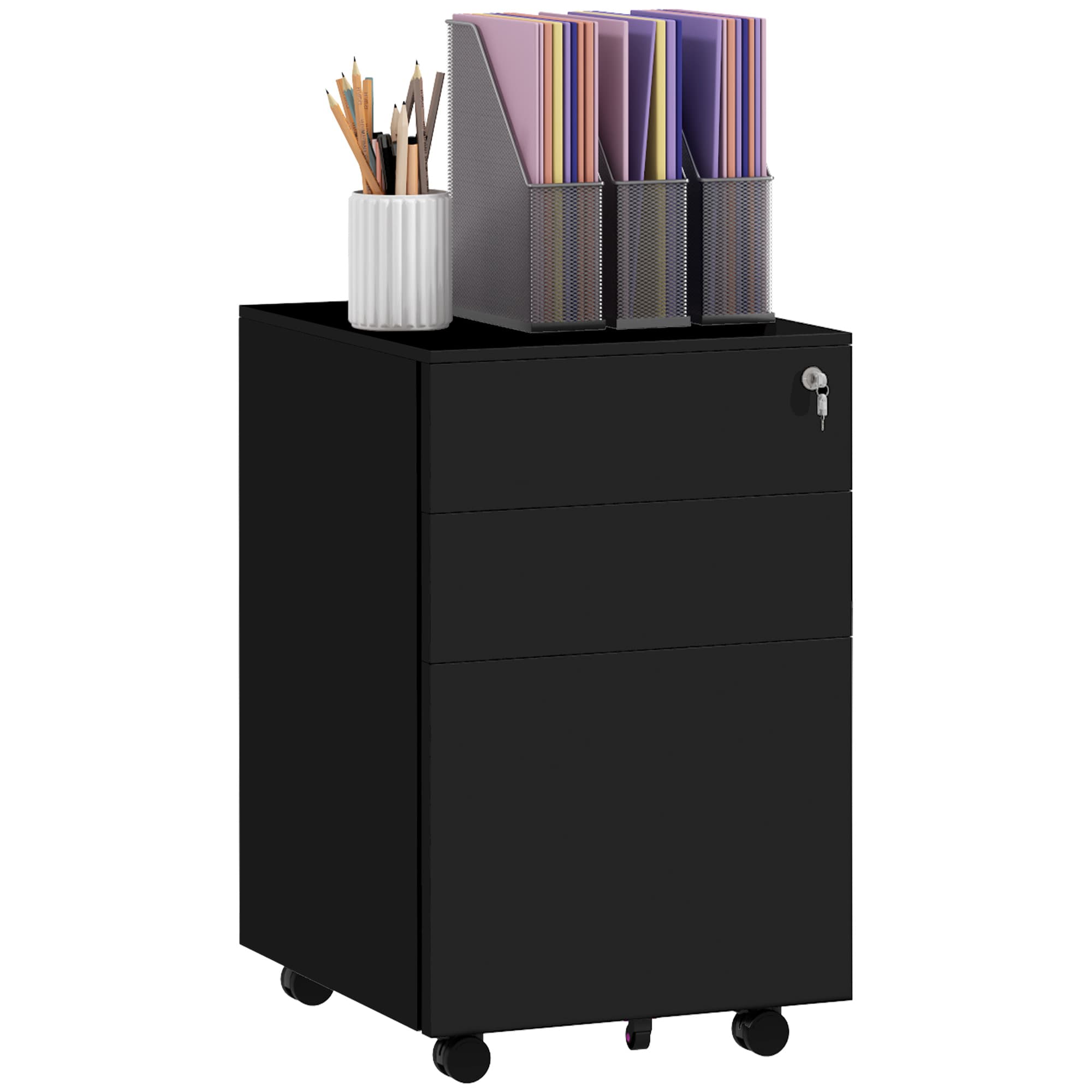 Mobile Steel Filing Cabinet — 3 Drawers, Lock, 5 Wheels