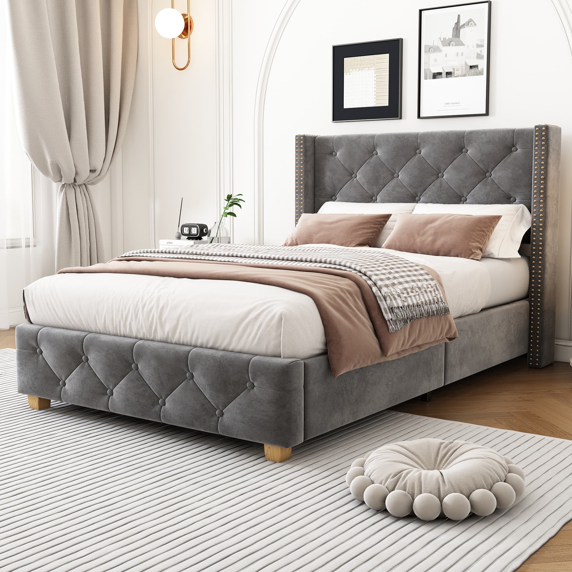 Velvet Single Bed with Button & Rivet Detailing