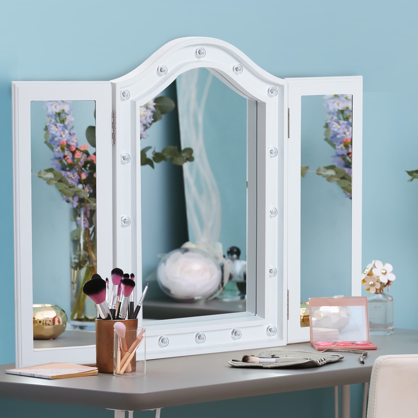 A tri-fold vanity mirror with 16 LED bulb lights in white - image 4
