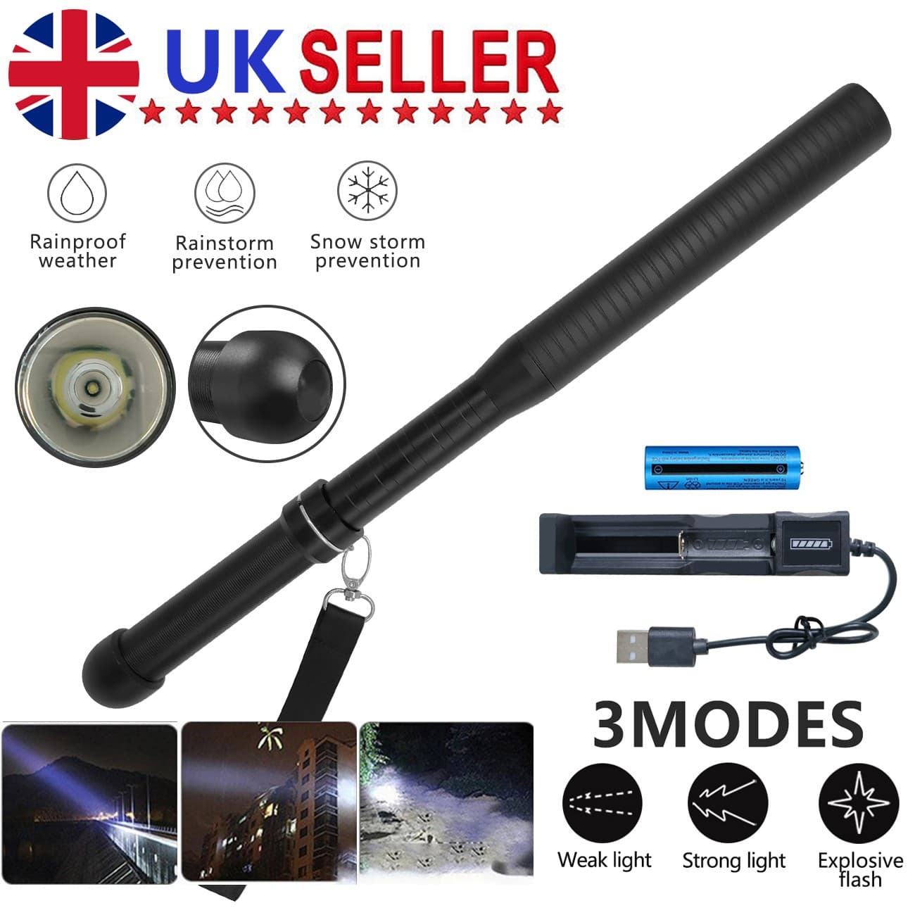 Long Rechargeable LED Torch with 3 Modes