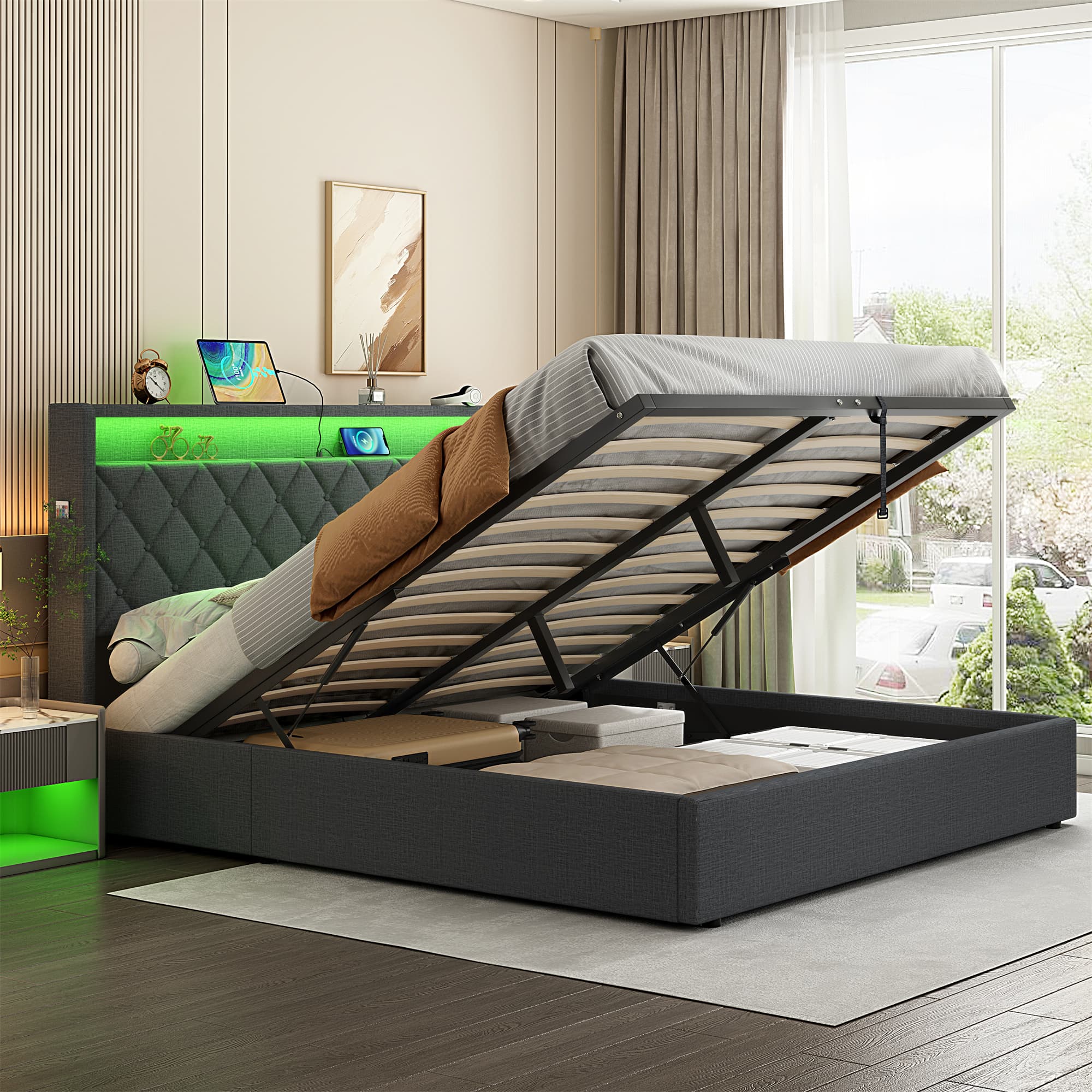 Grey Linen King Size (5ft) Ottoman Bed with Storage, LED Lights & USB Charging Station - image 2