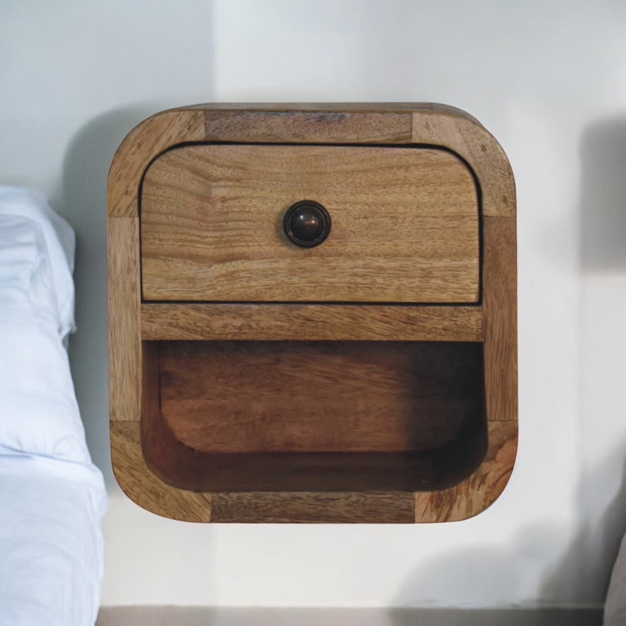 Compact Curved Floating Bedside Table in Solid Mango Wood - Brown
