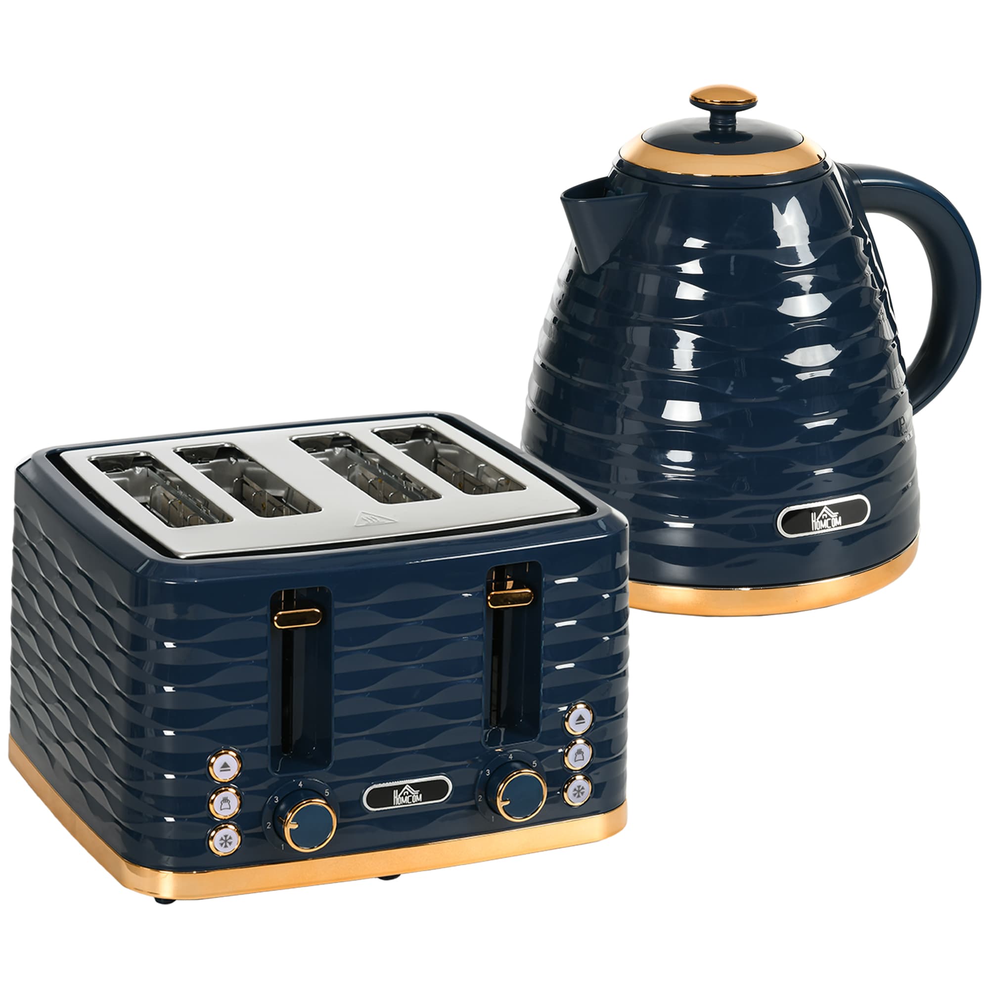 Matching Kettle and Toaster Set in Navy Blue with Gold Accents