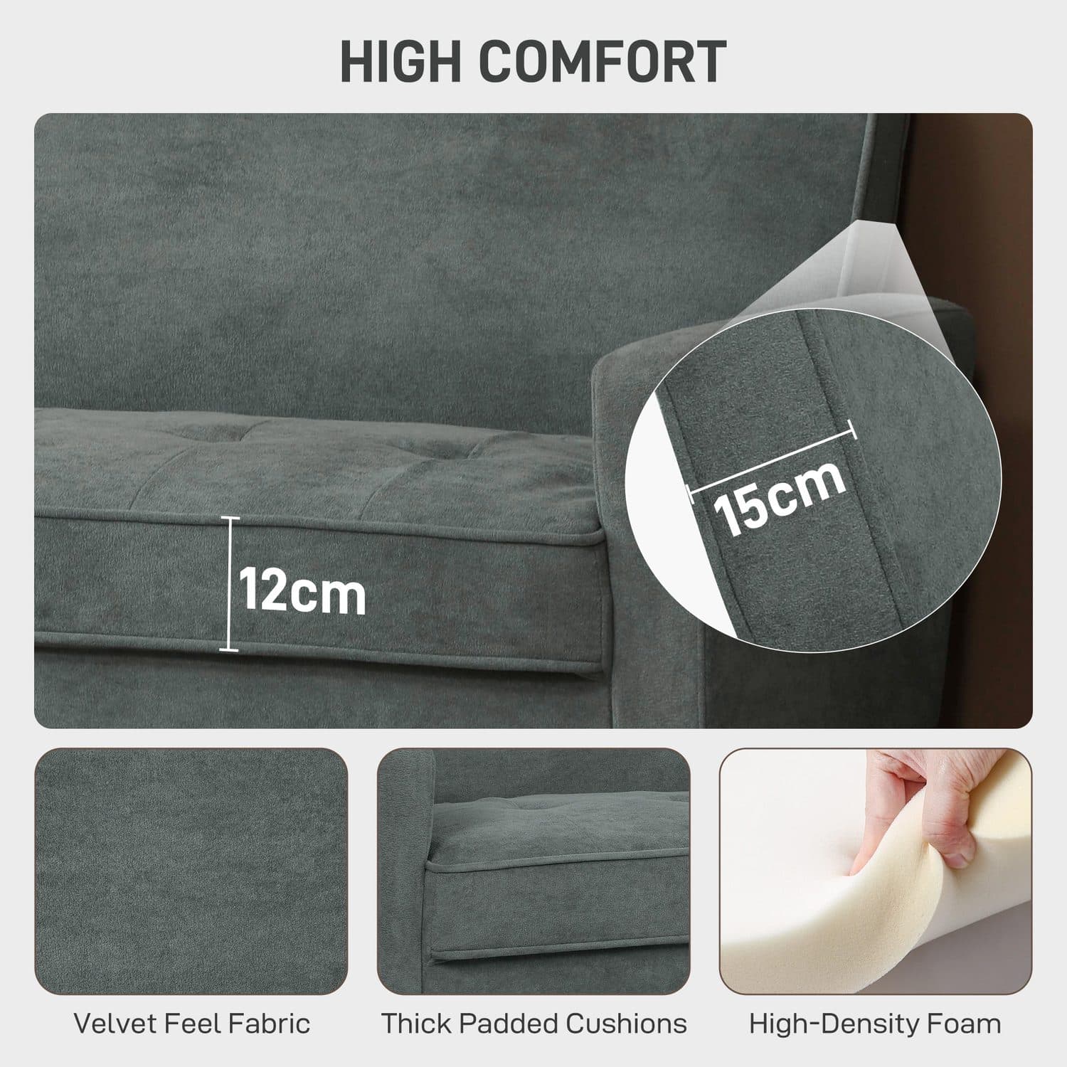 Two-Seater Grey Velvet-Feel Sofa with Tufted Seat and Wood Legs - image 3