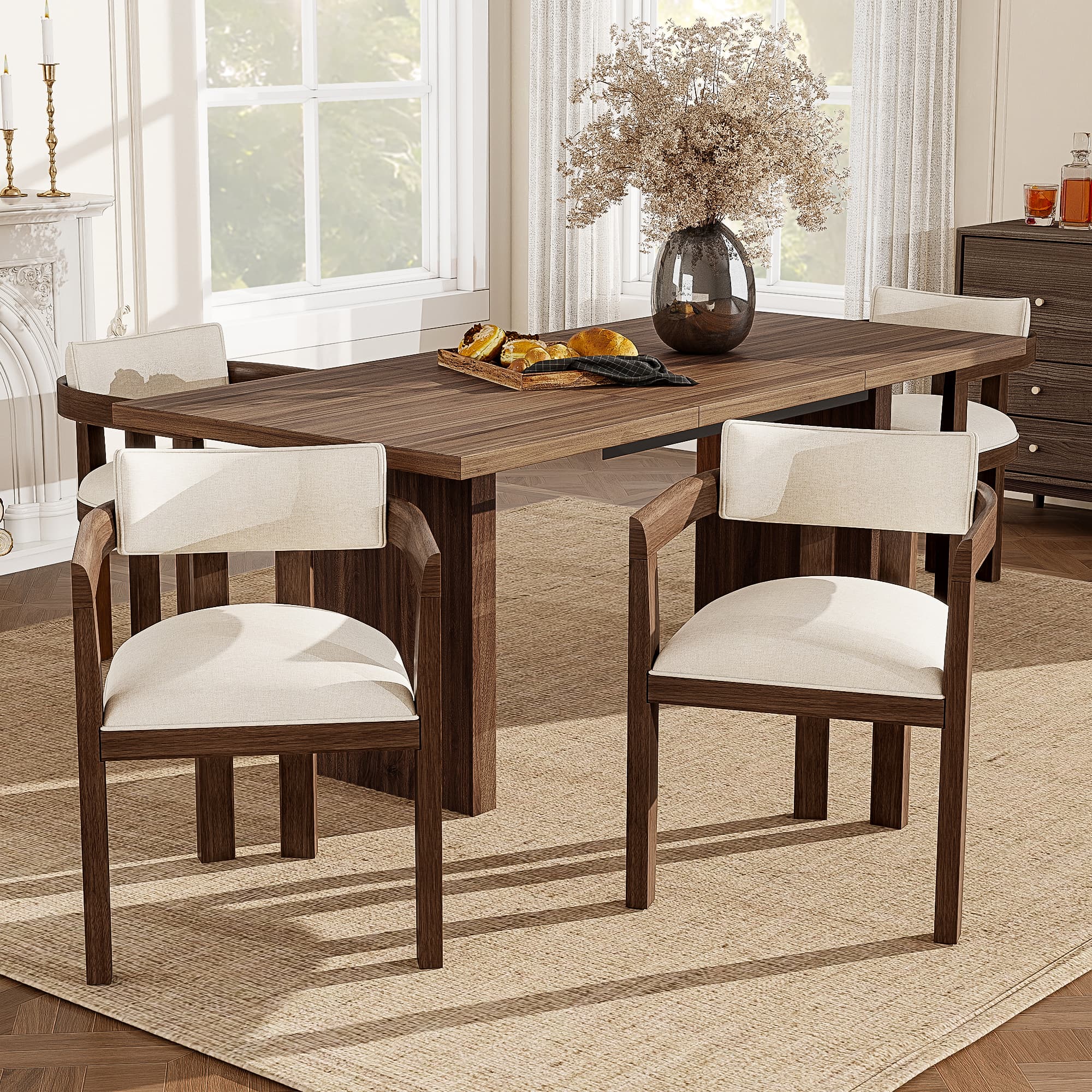 Set of 6 Dining Chairs with Arms - Walnut Finish & Beige Linen - image 4