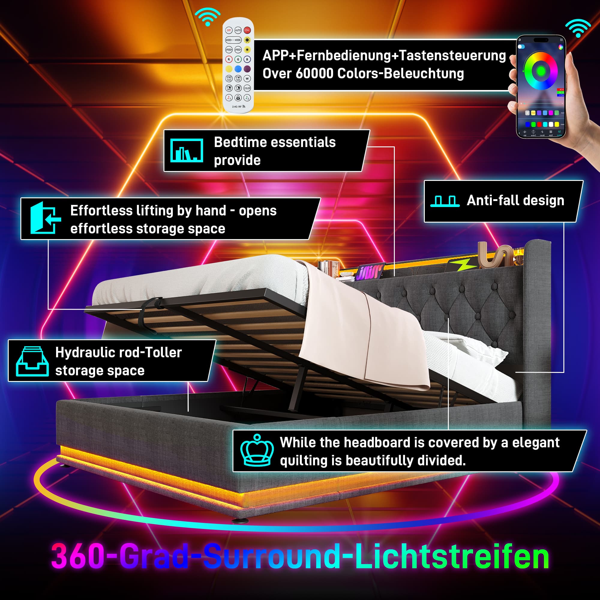 Upholstered Double Ottoman Bed with 360° LED Lights & Under-Bed Storage - image 4