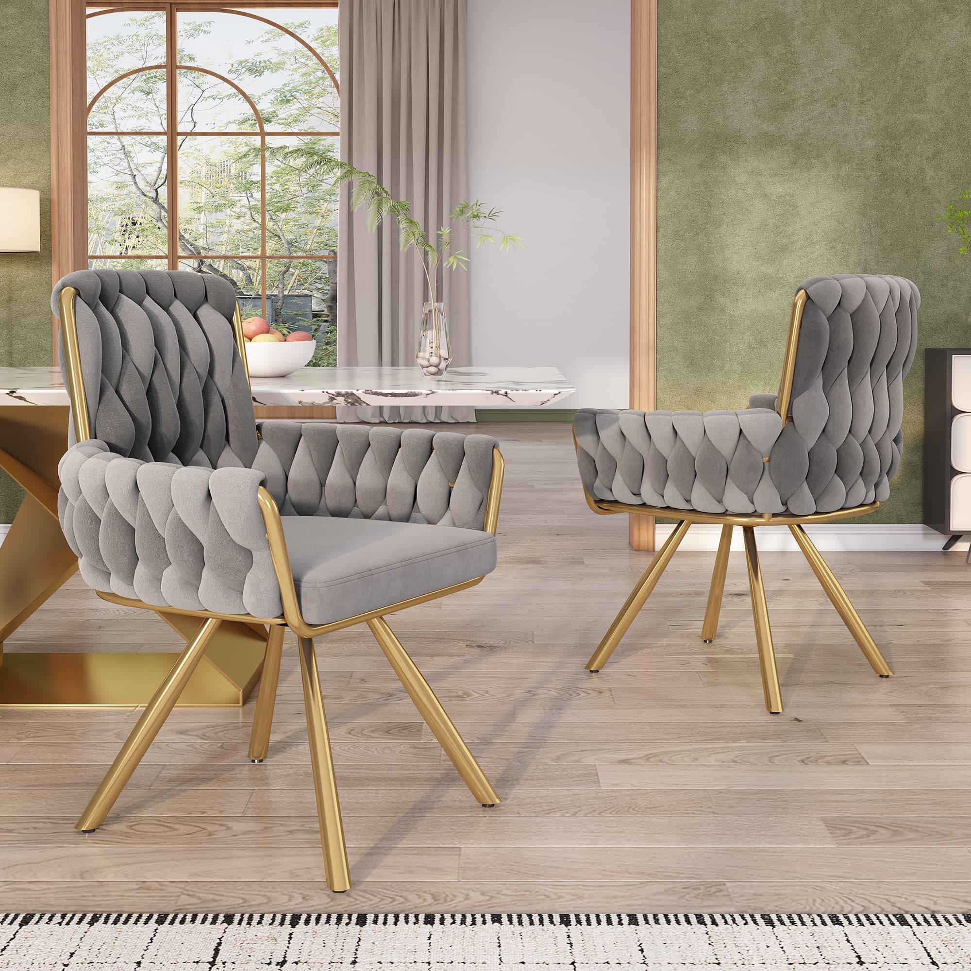 Set of 2 Grey Velvet Swivel Dining Chairs