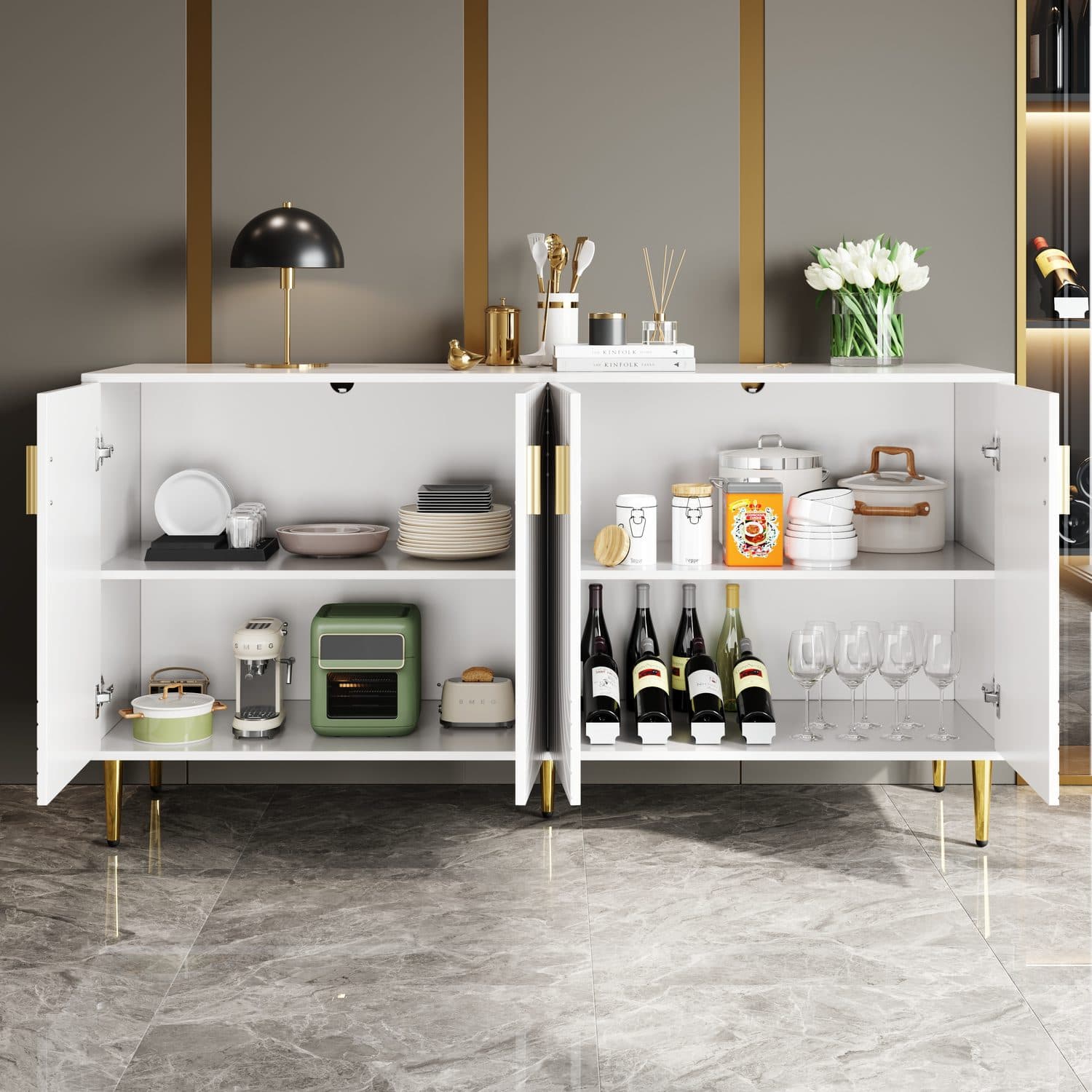A white wave sideboard with polished gold detail - image 3