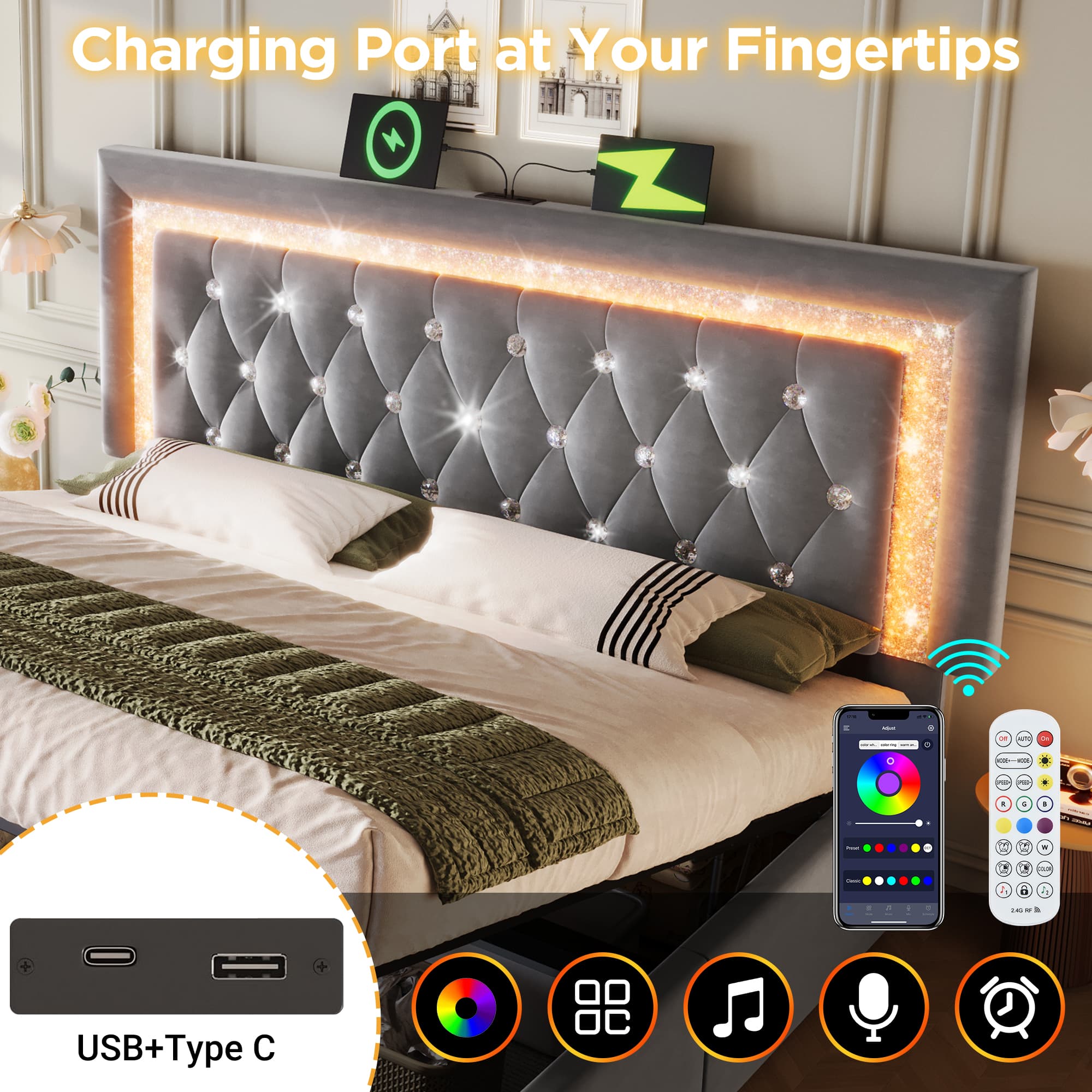 Grey Velvet Super King Ottoman Storage Bed with LED Headboard - image 5