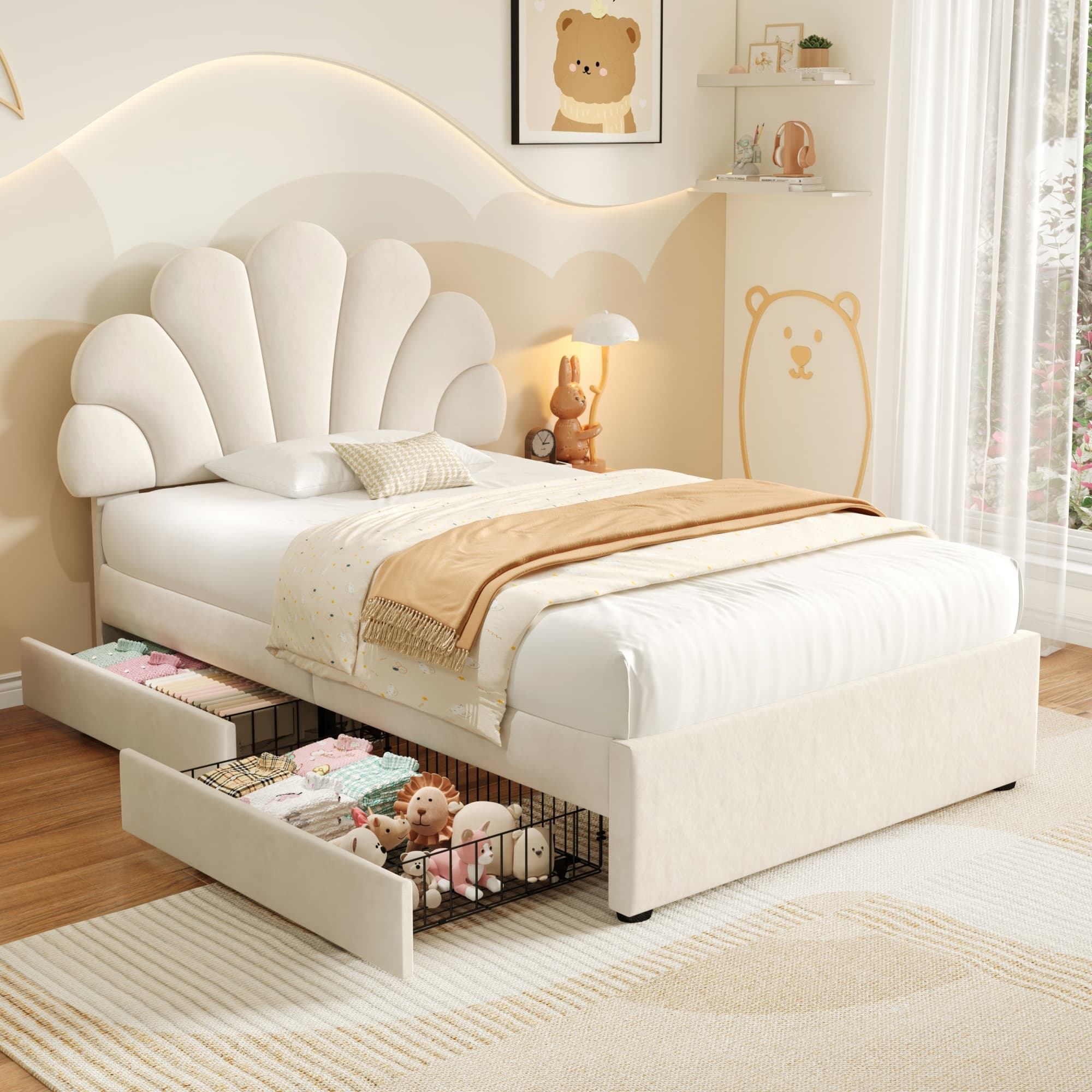Beige Velvet Single Petal Bed with Effortless Storage