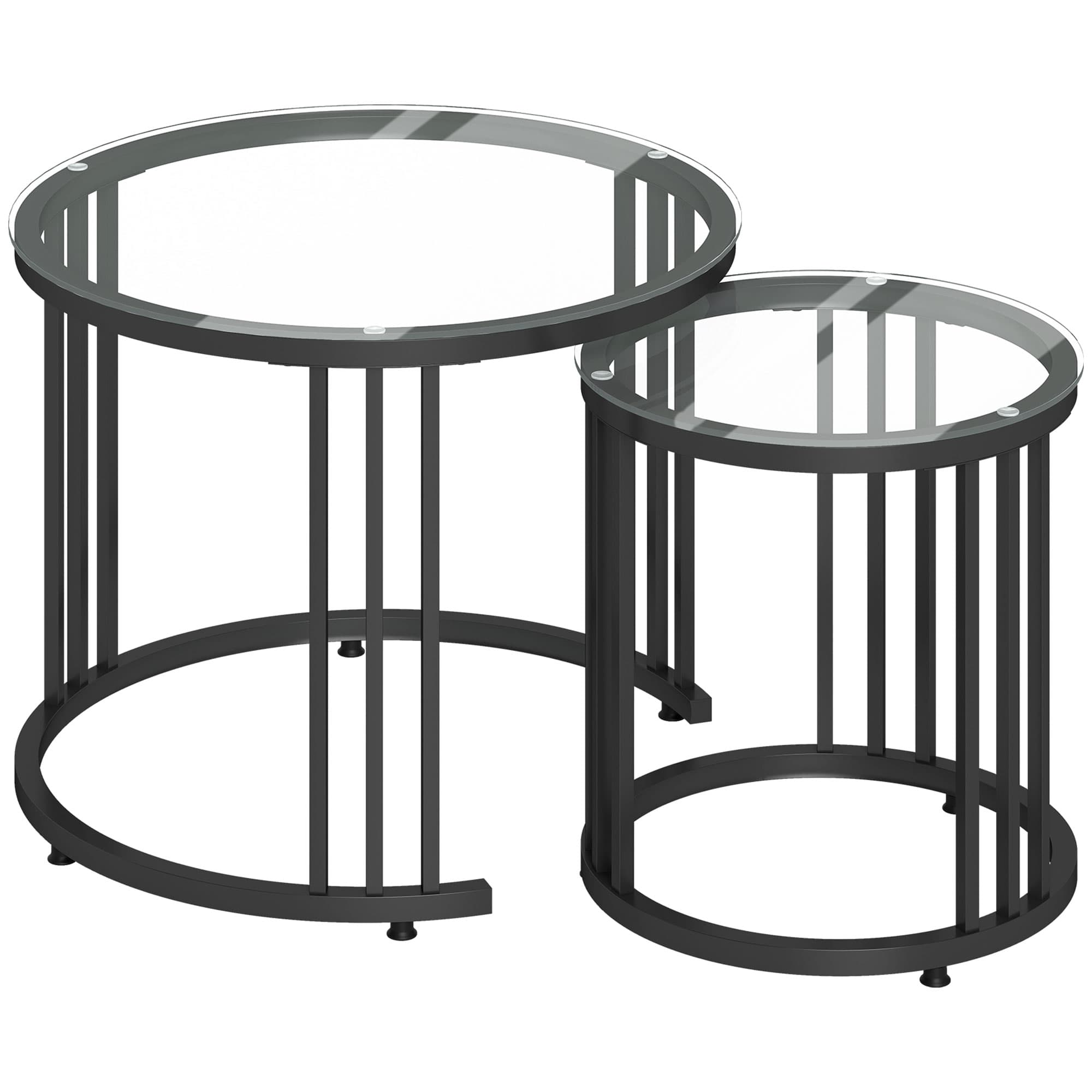 Round Nesting Coffee Tables Set of 2 — Clear Glass, Black Steel