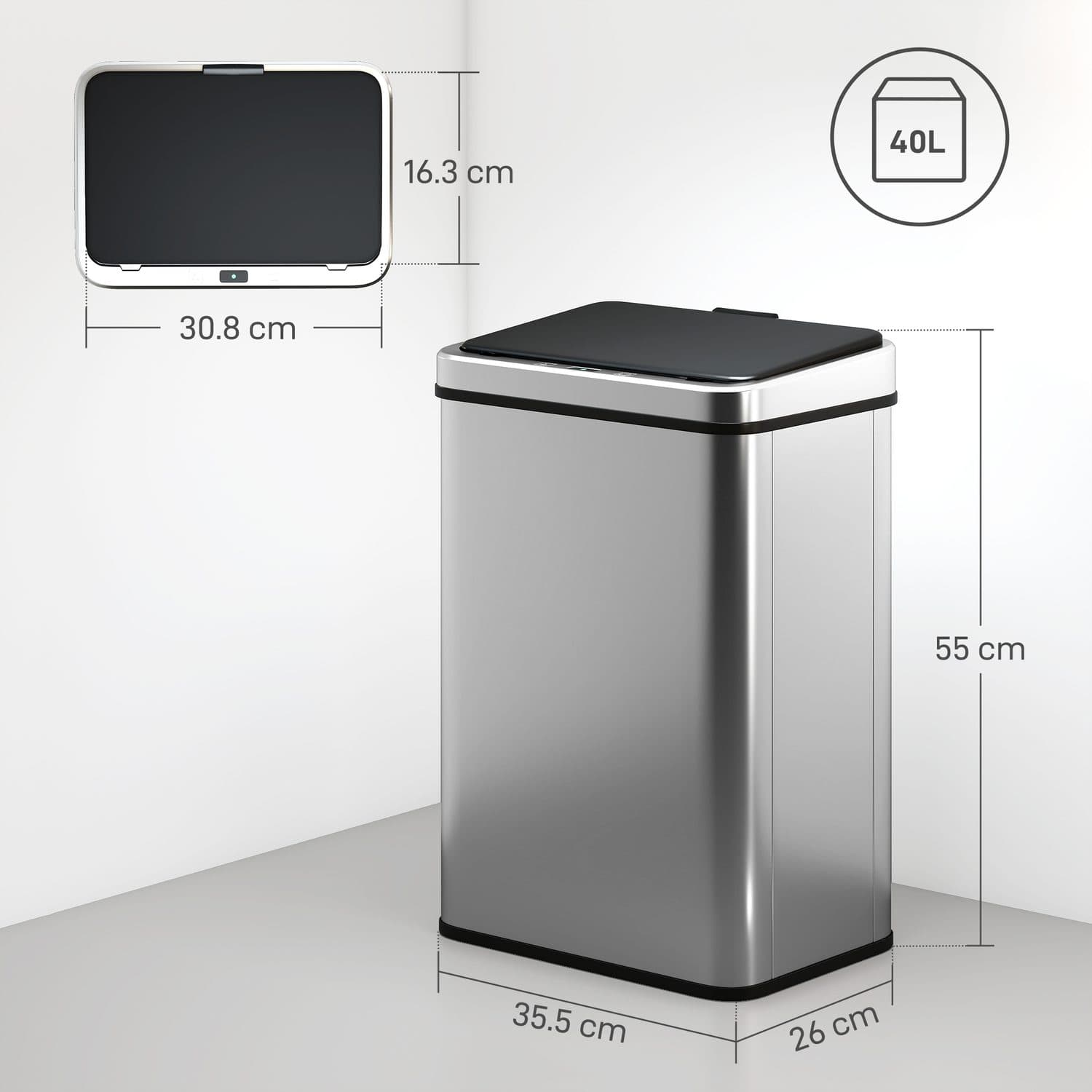 40L Silver Touchless Kitchen Sensor Bin - image 4