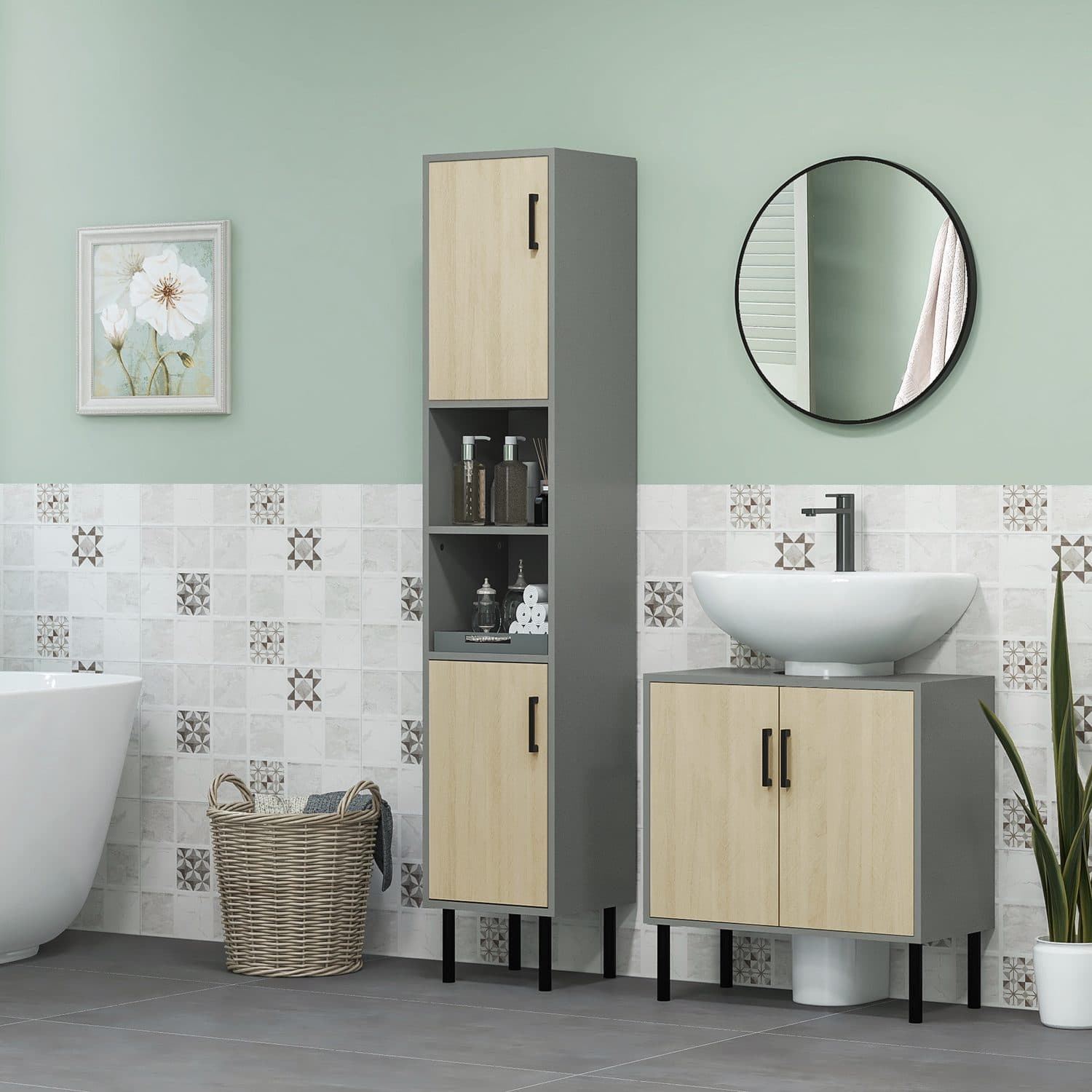 Grey and oak under sink cabinet for bathroom storage - image 1