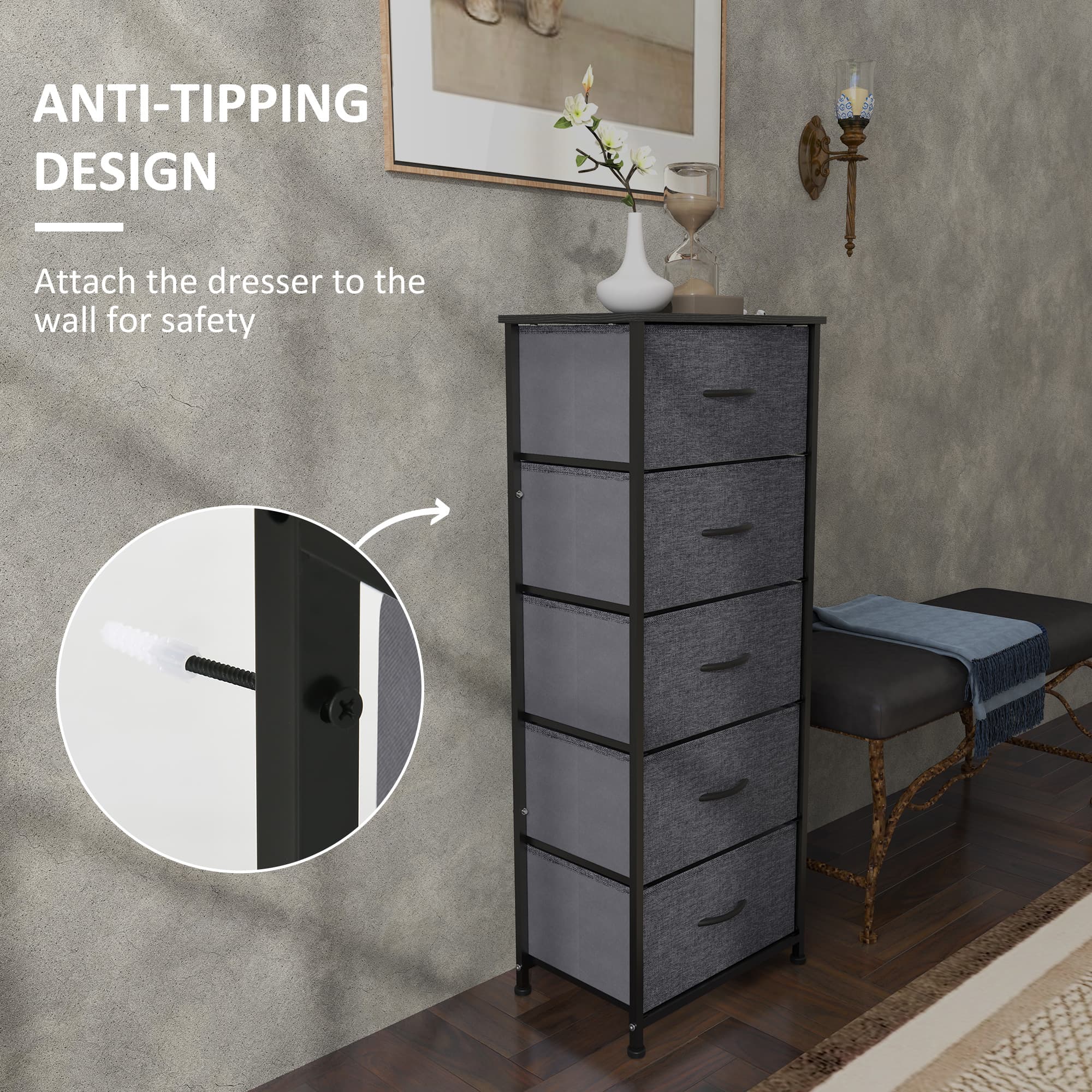 Slim Dark Grey Fabric Chest of Drawers - image 3