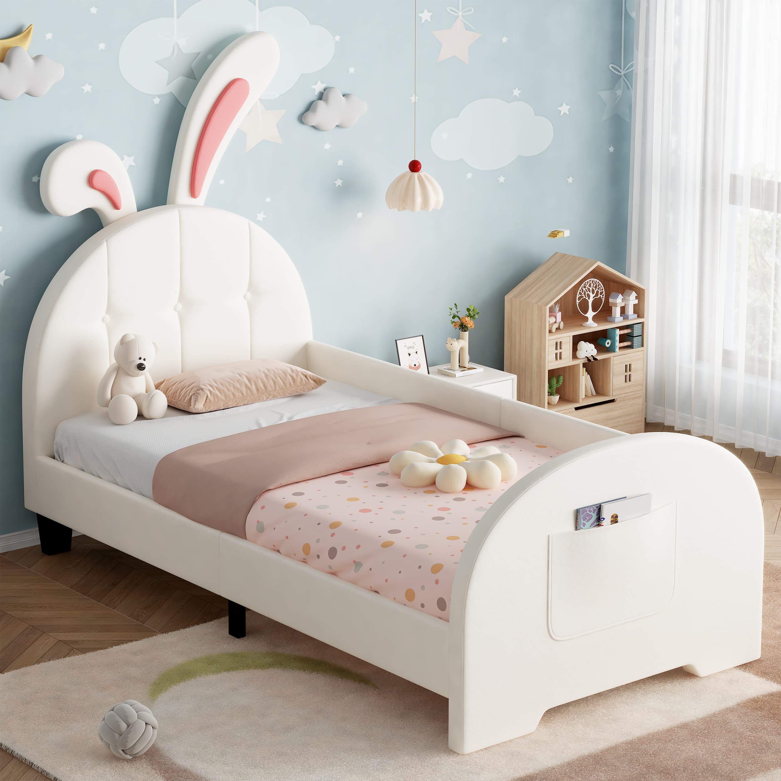 Cream White Rabbit-Shaped Single Bed Frame with Storage