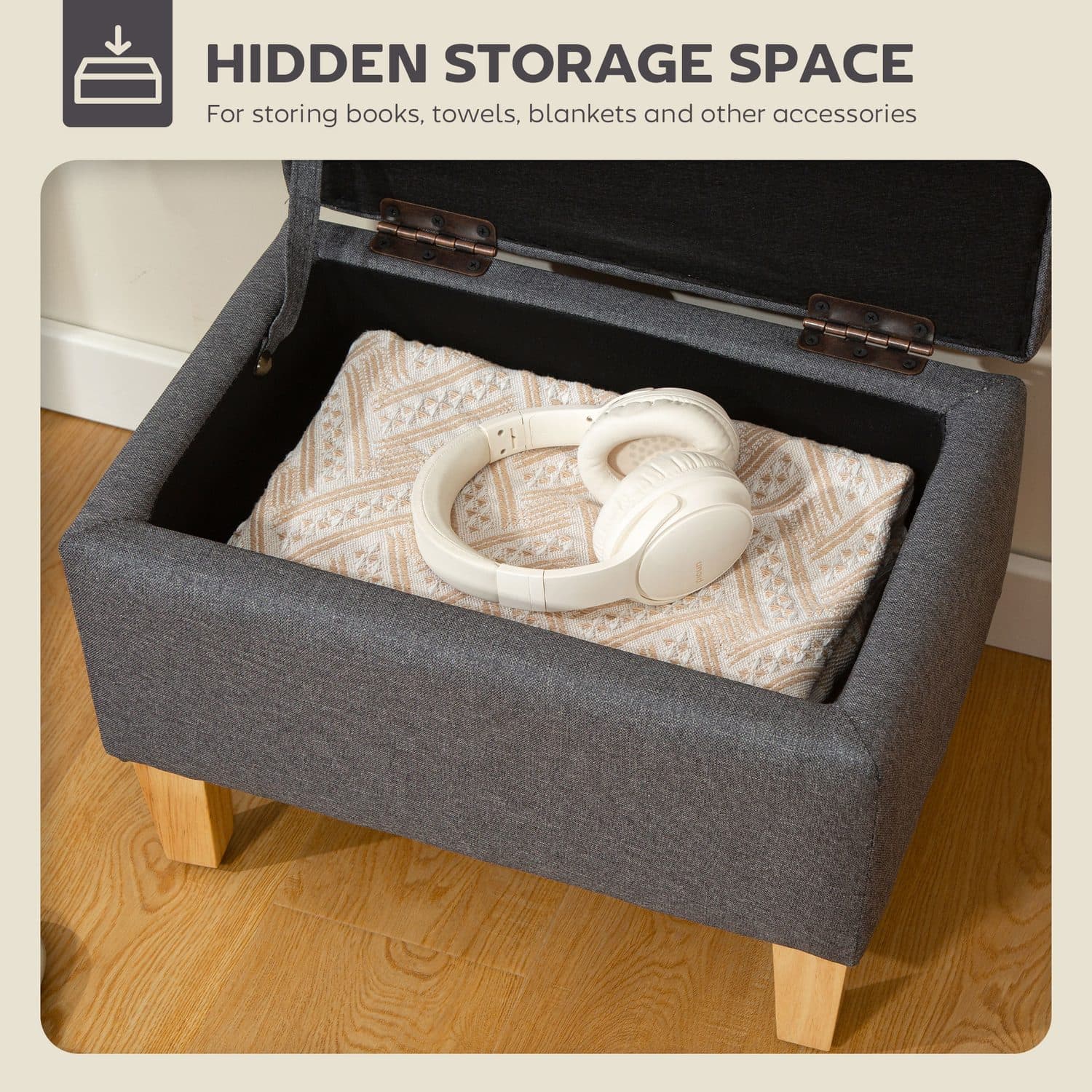 Charcoal Grey Linen-Look Storage Ottoman & Padded Footstool - image 3