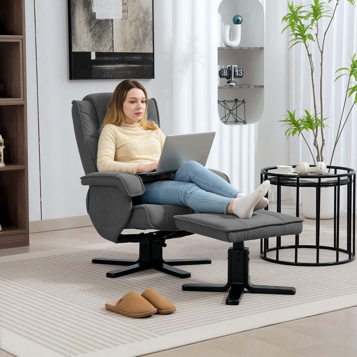 Charcoal Grey Velvet Recliner & Footstool - image 4