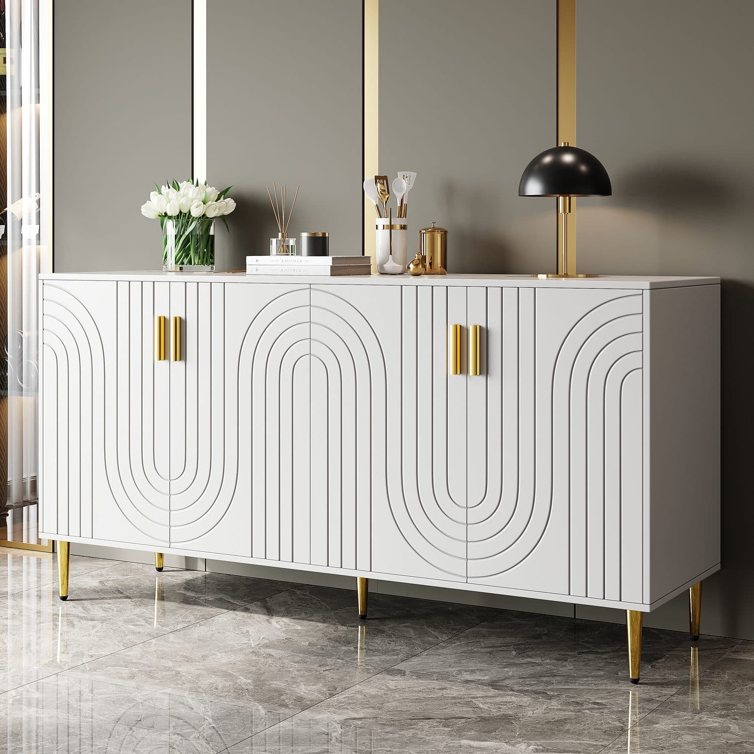 A white wave sideboard with polished gold detail - image 2