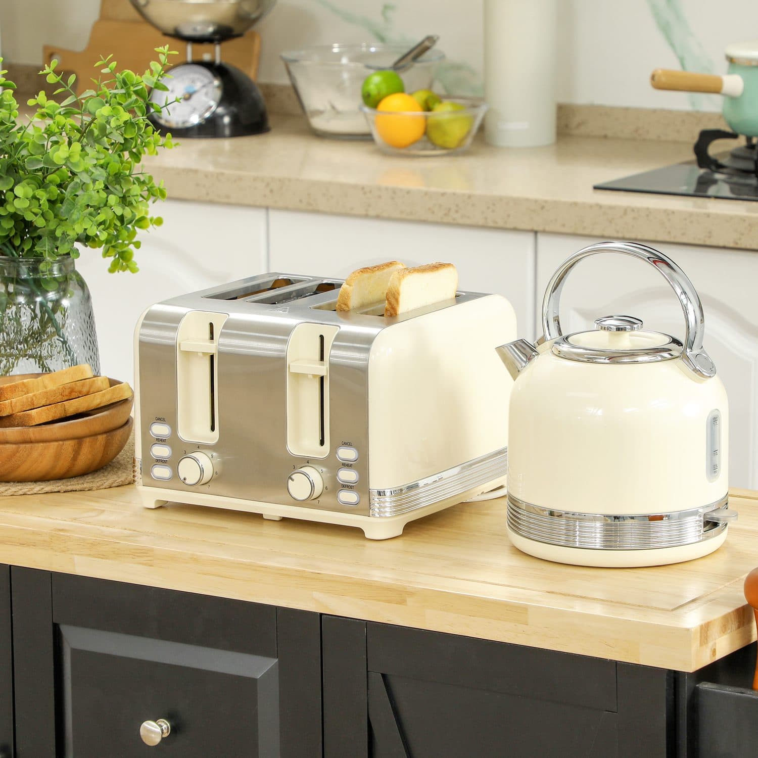 Cream Retro Kettle and 4-Slice Toaster Set with Chrome Finish - image 3