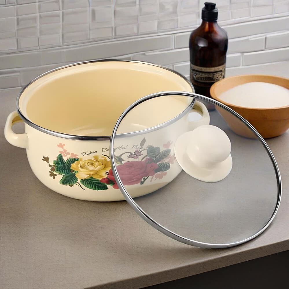 Graduated Enamel Stockpot Set with Rose Floral Design - image 5