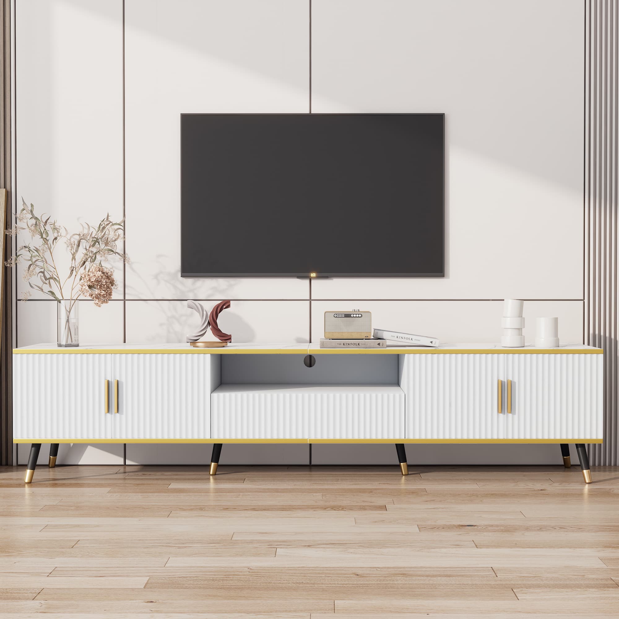 Marble-Effect TV Stand for Screens up to 90 Inches - White