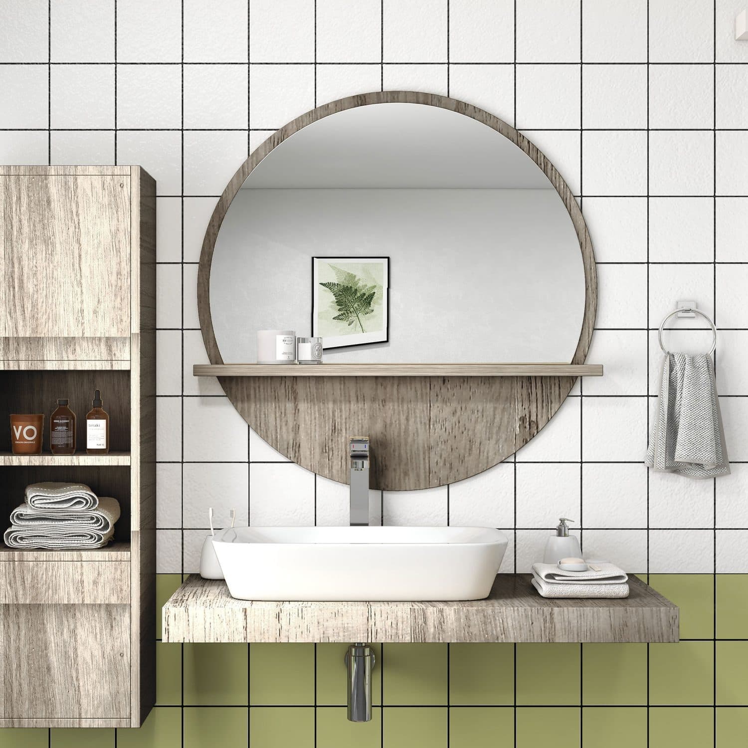 Round Grey Wood-Effect Mirror with Shelf - image 5